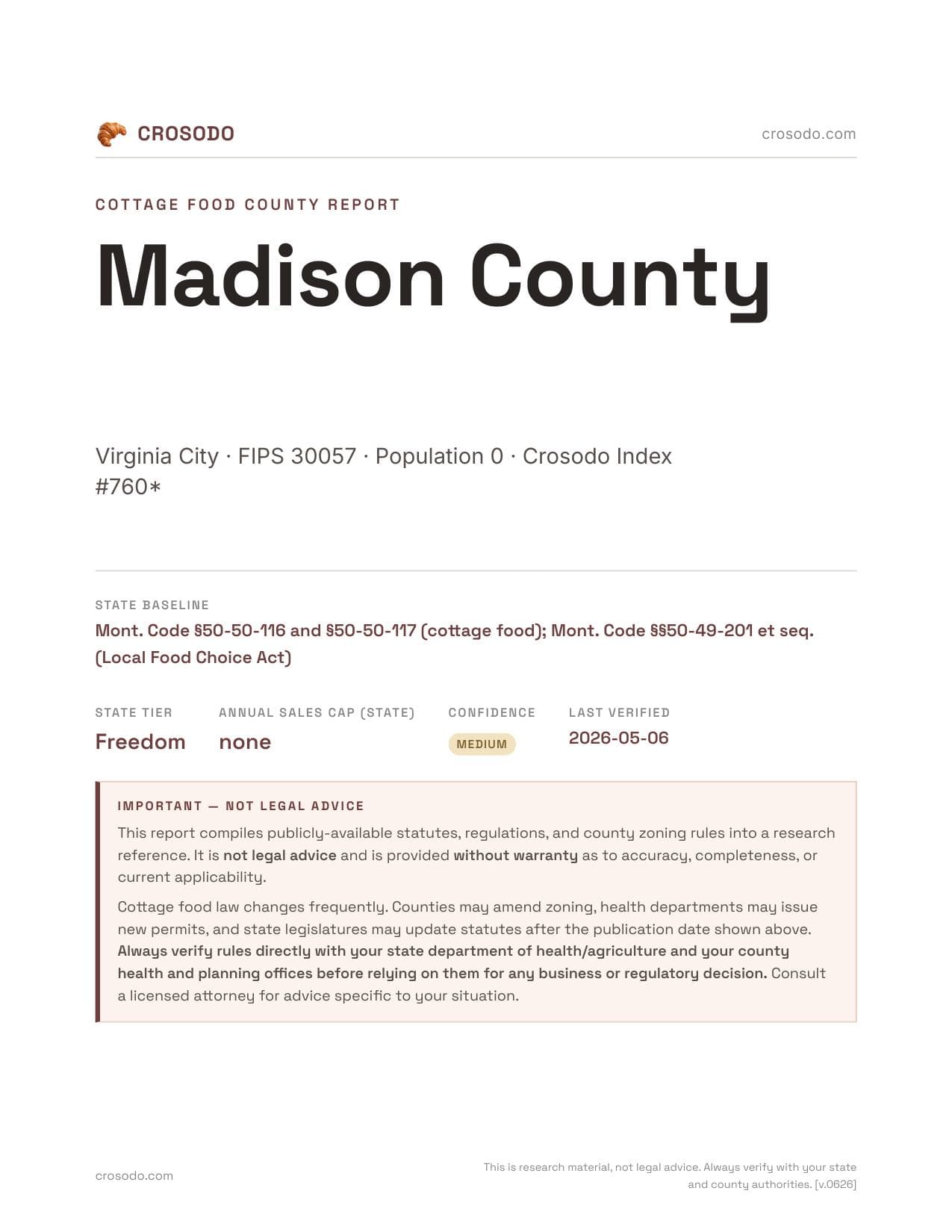 Cover of Madison County county cottage food report