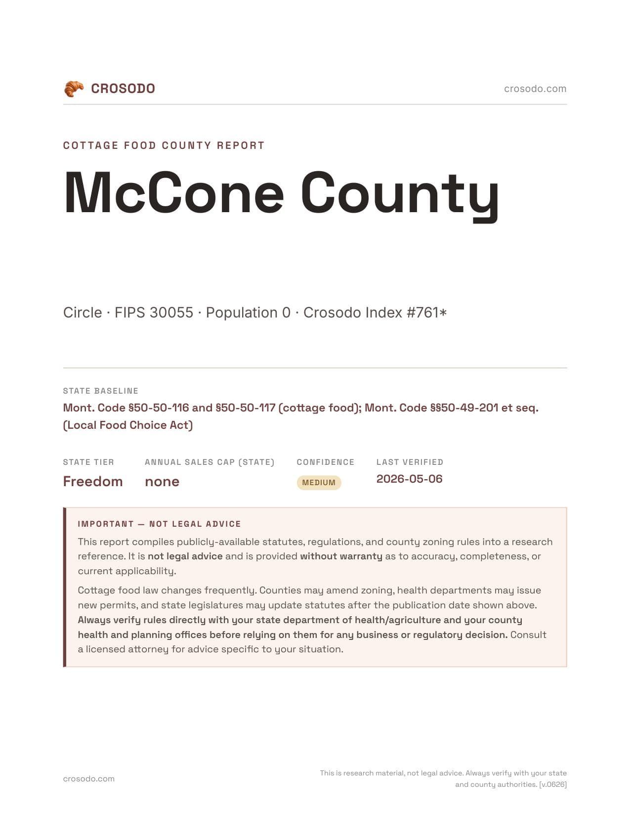 Cover of McCone County county cottage food report