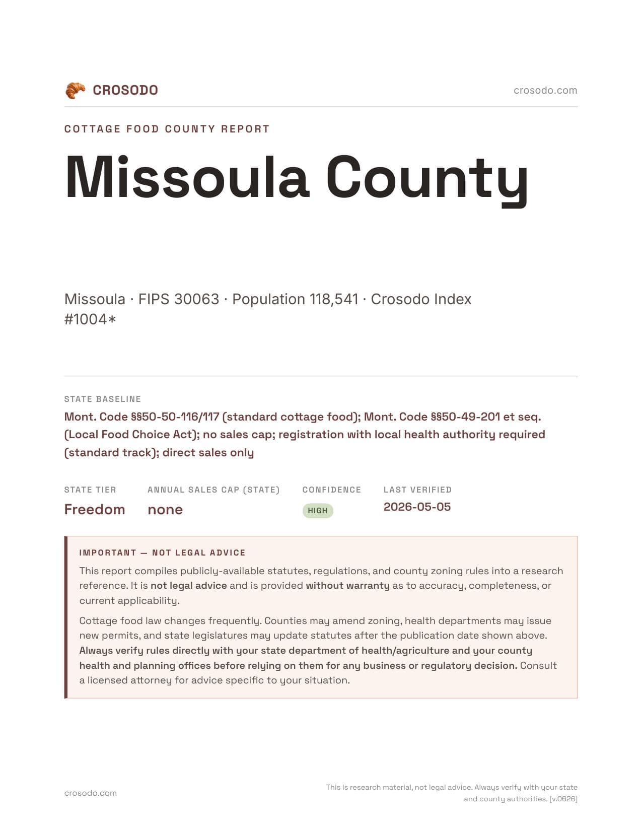 Cover of Missoula County county cottage food report