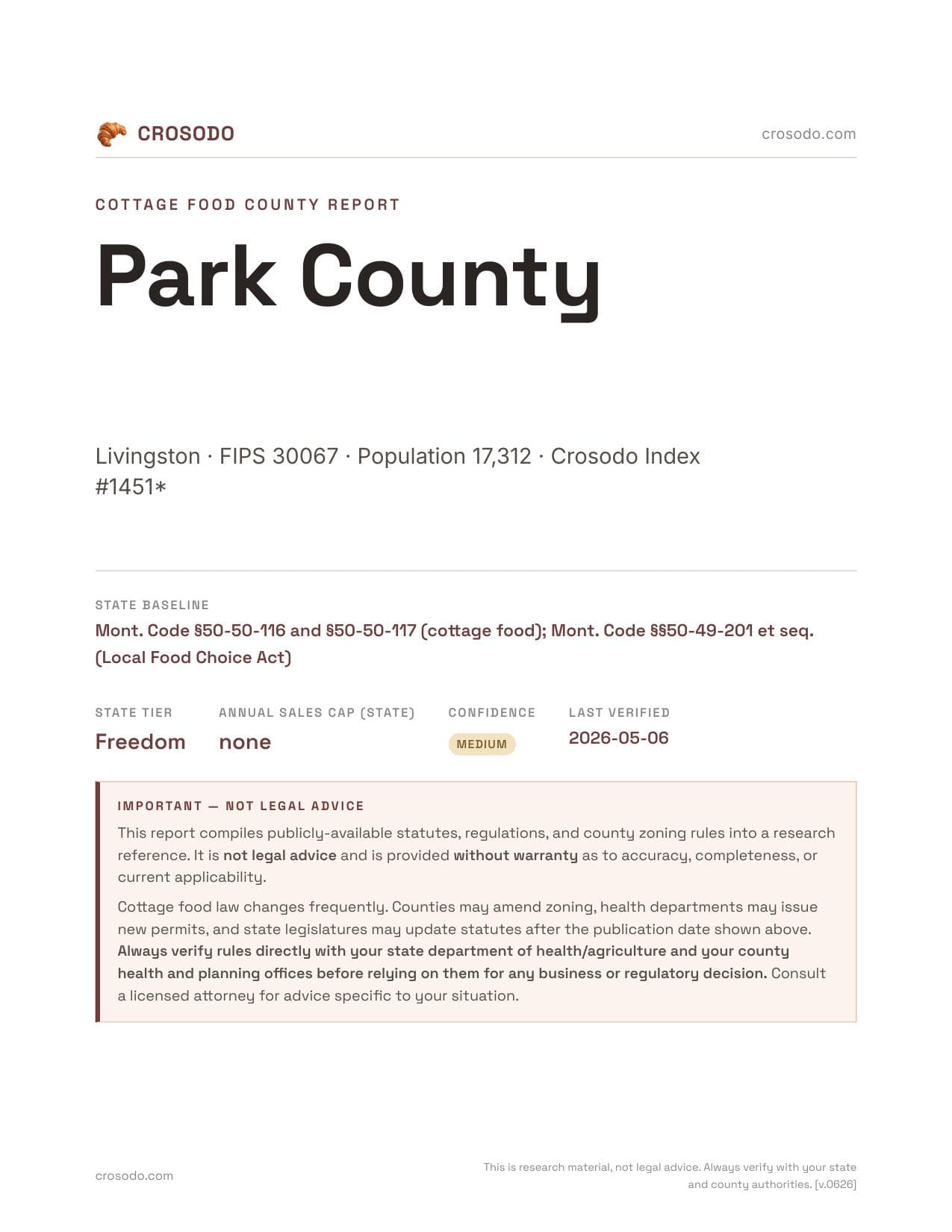 Cover of Park County county cottage food report