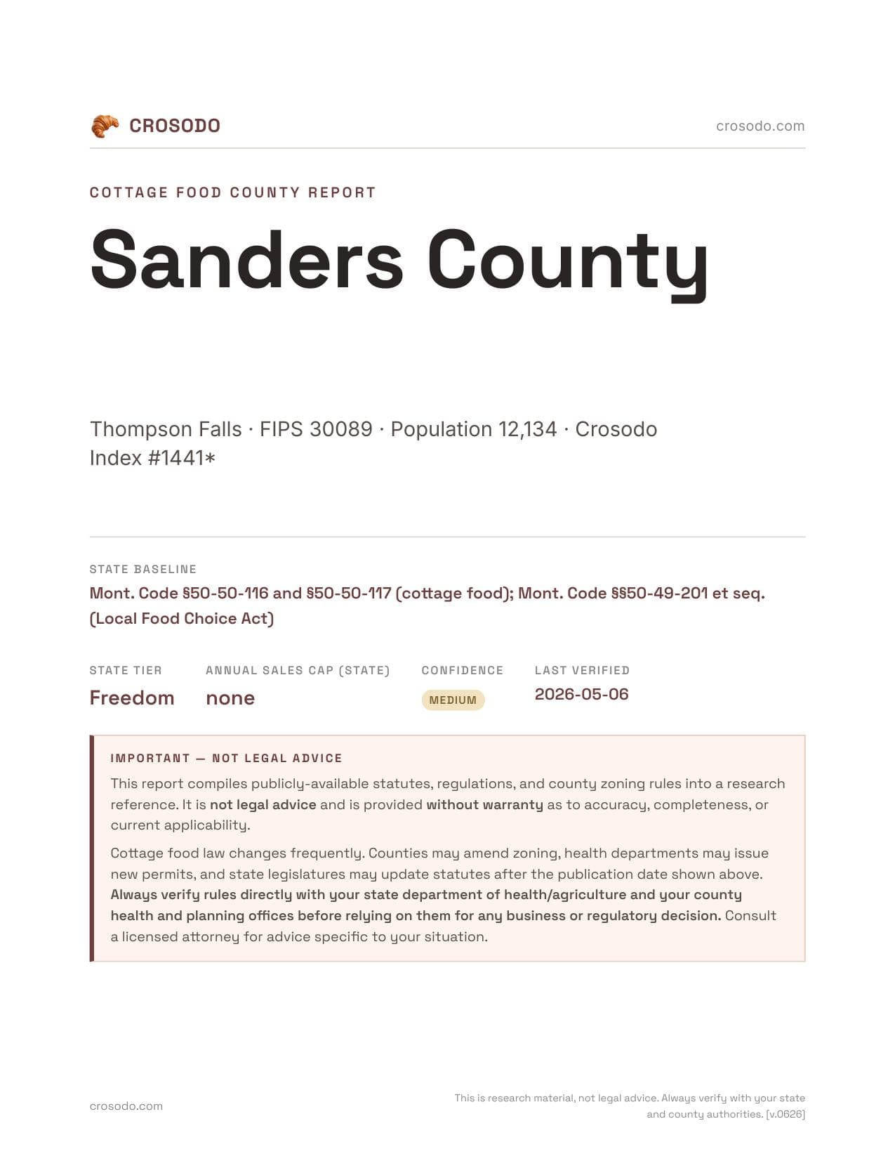 Cover of Sanders County county cottage food report