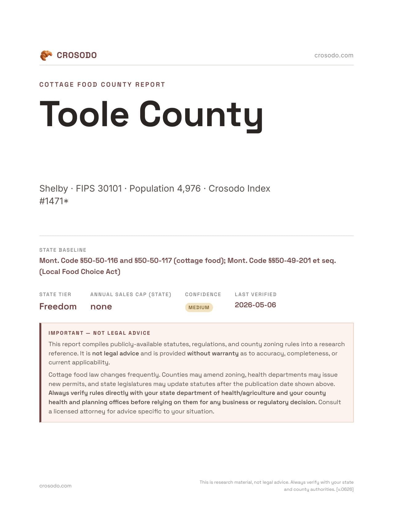 Cover of Toole County county cottage food report