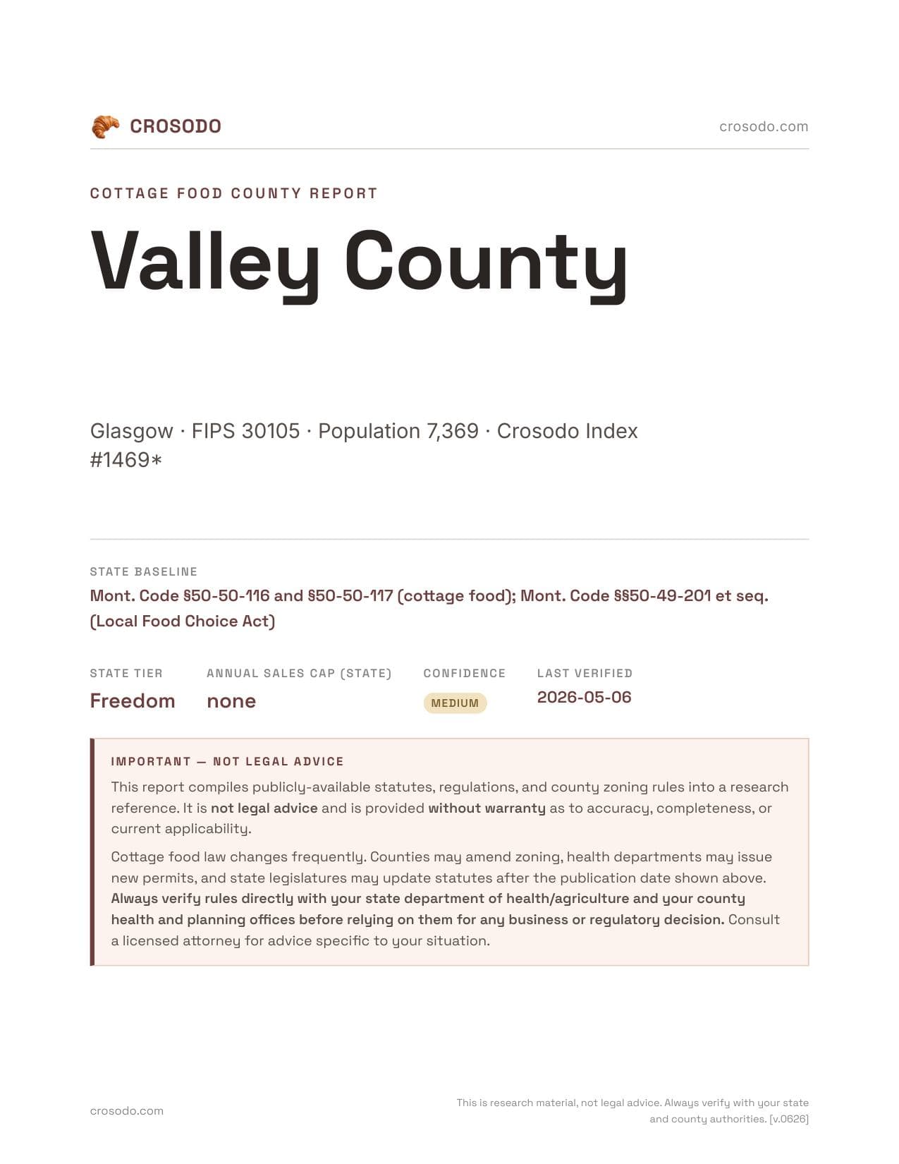 Cover of Valley County county cottage food report