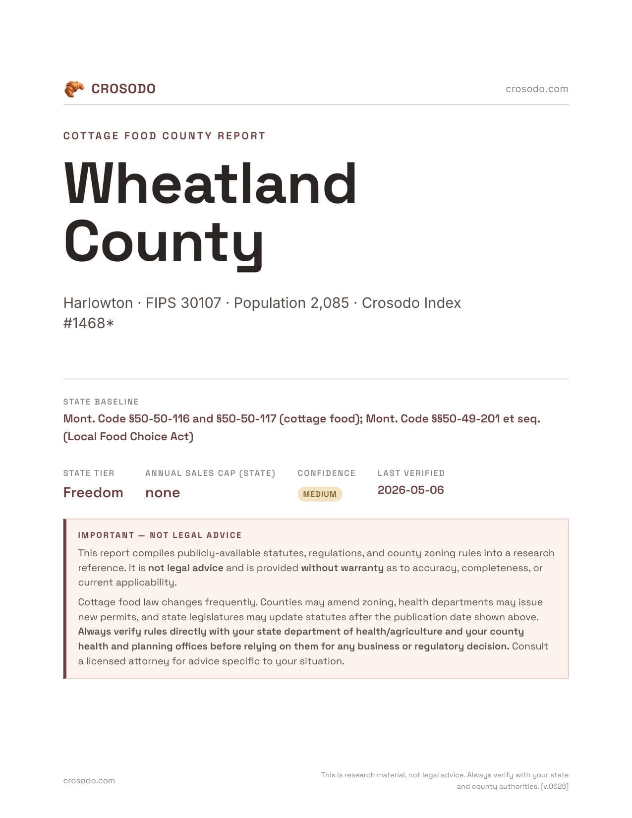 Cover of Wheatland County county cottage food report