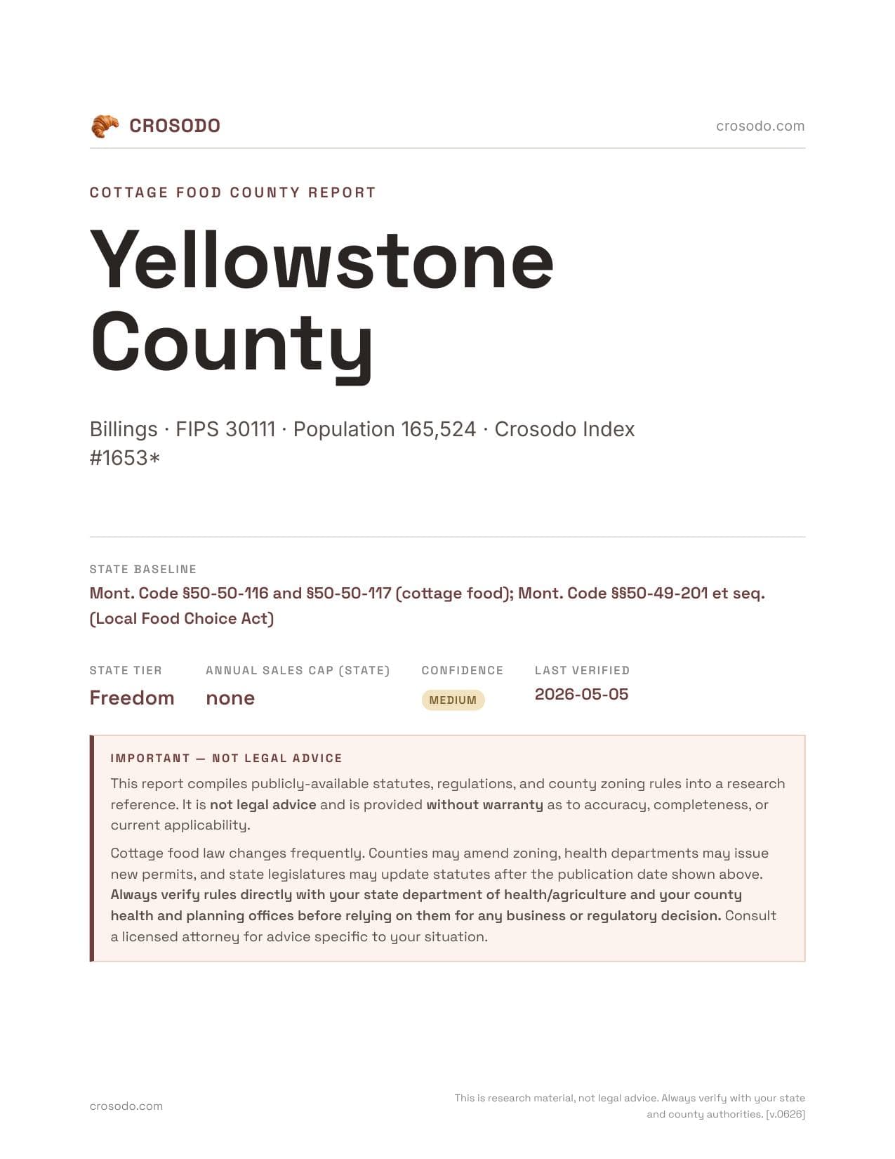 Cover of Yellowstone County county cottage food report