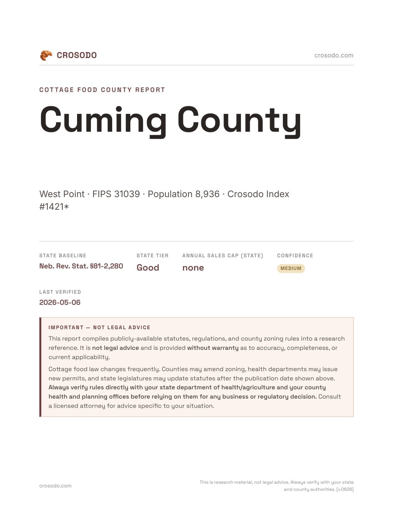Cover of Cuming County county cottage food report