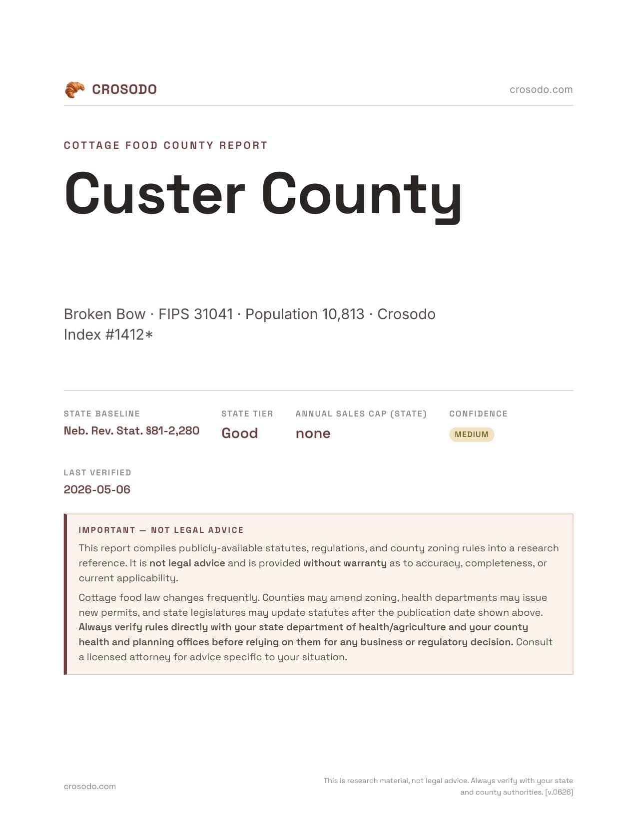 Cover of Custer County county cottage food report