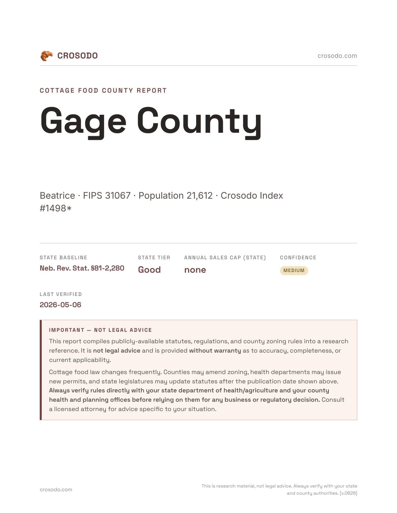 Cover of Gage County county cottage food report