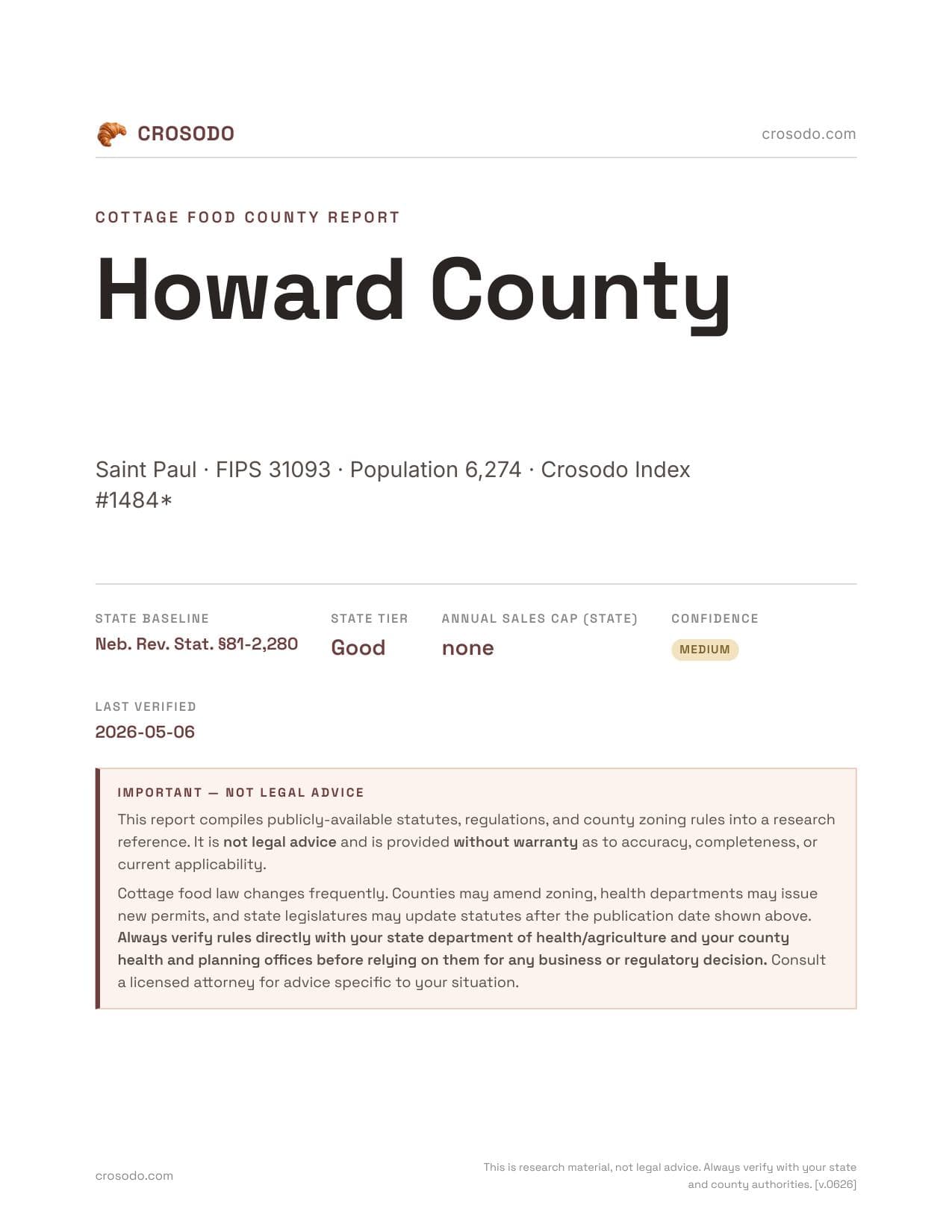 Cover of Howard County county cottage food report
