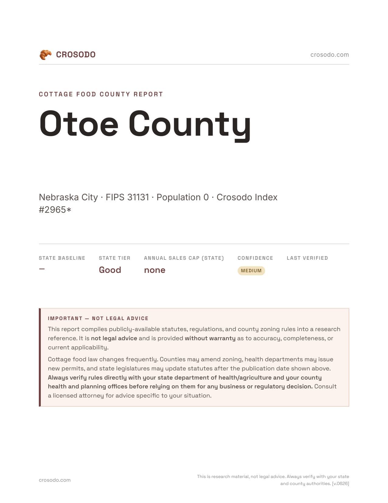 Cover of Otoe County county cottage food report