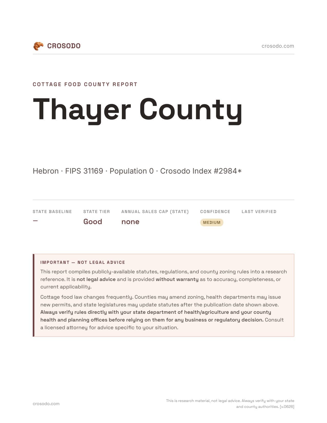 Cover of Thayer County county cottage food report