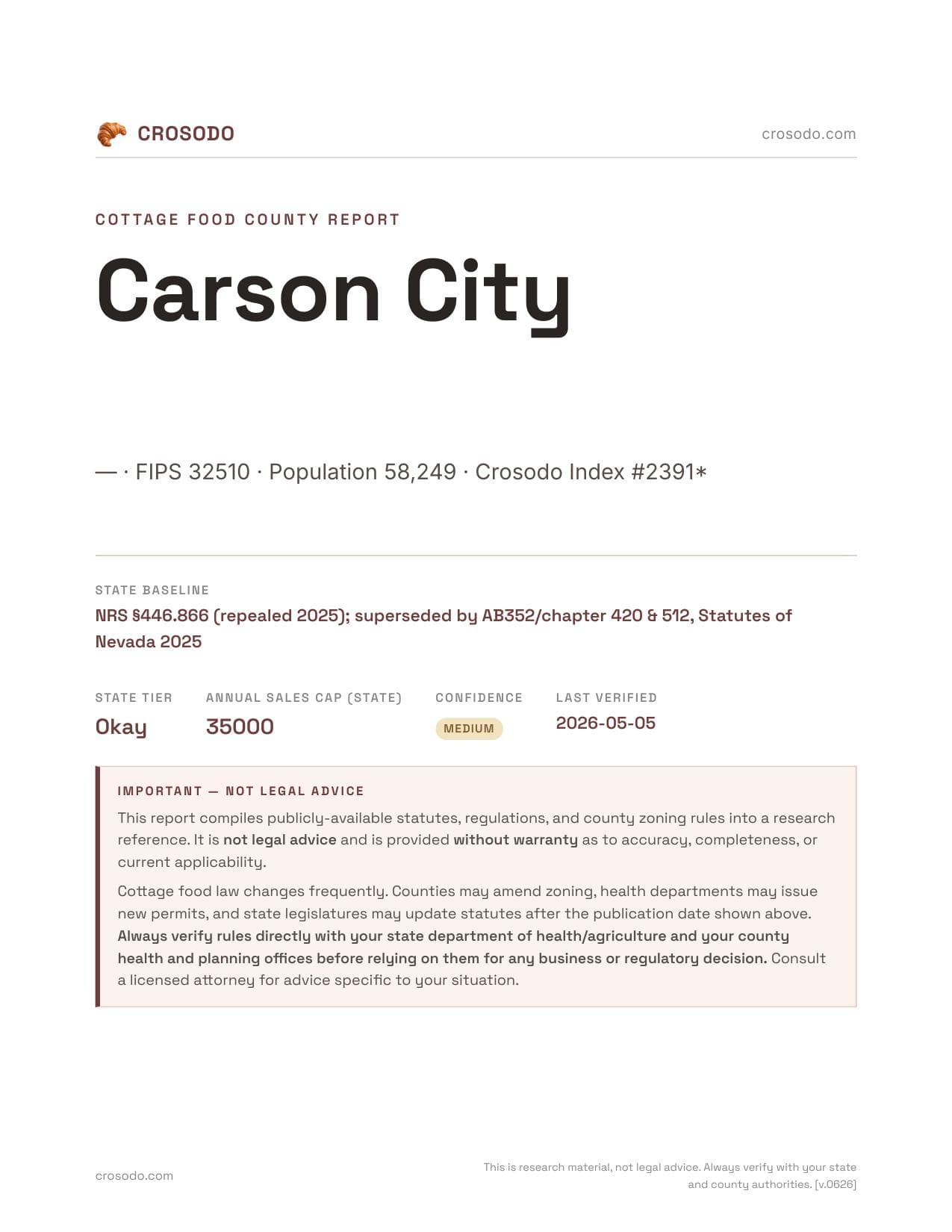 Cover of Carson City, Nevada cottage food report
