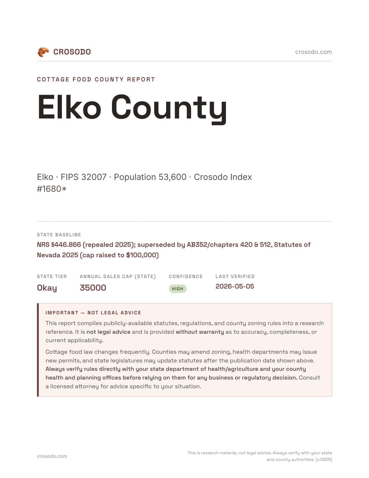 Cover of Elko County county cottage food report