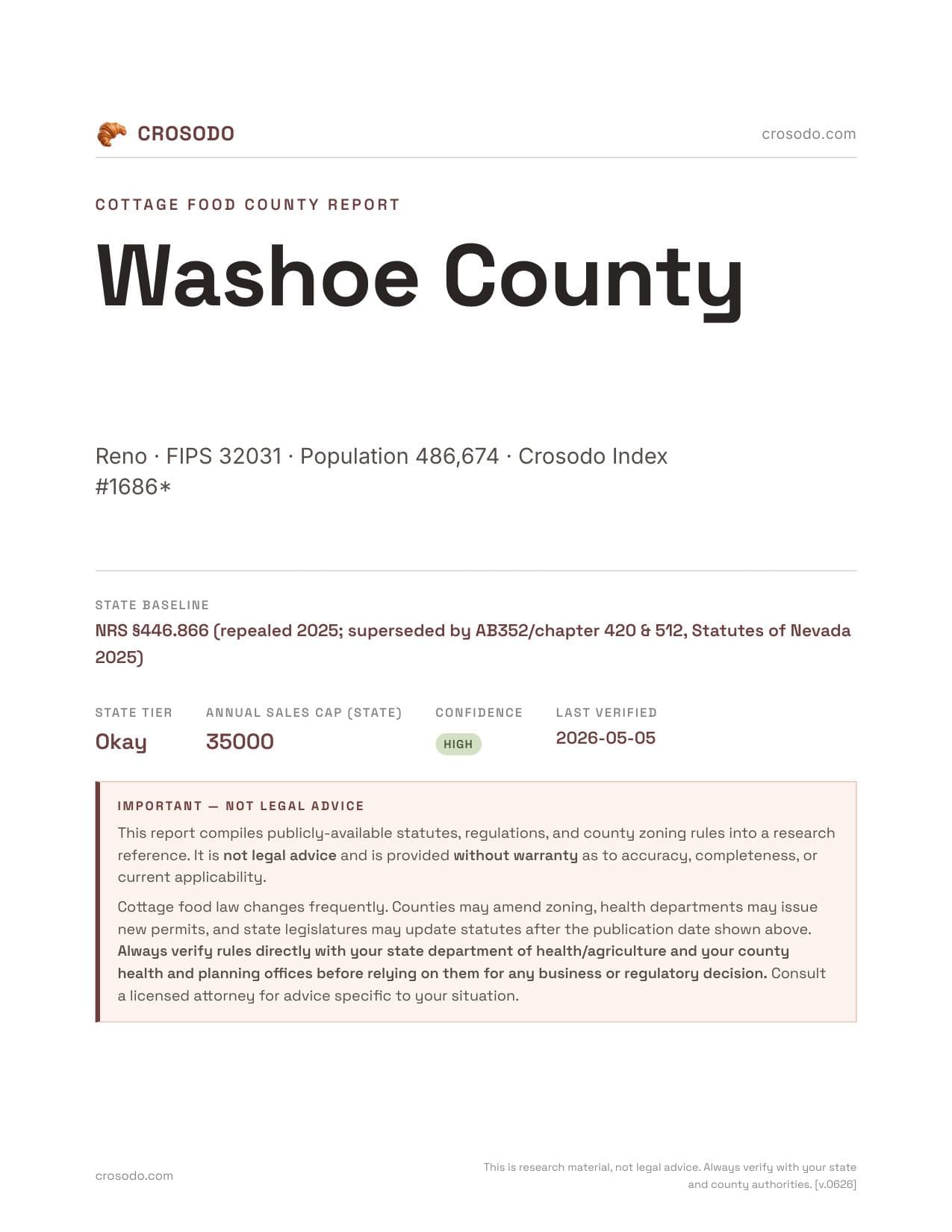 Cover of Washoe County county cottage food report