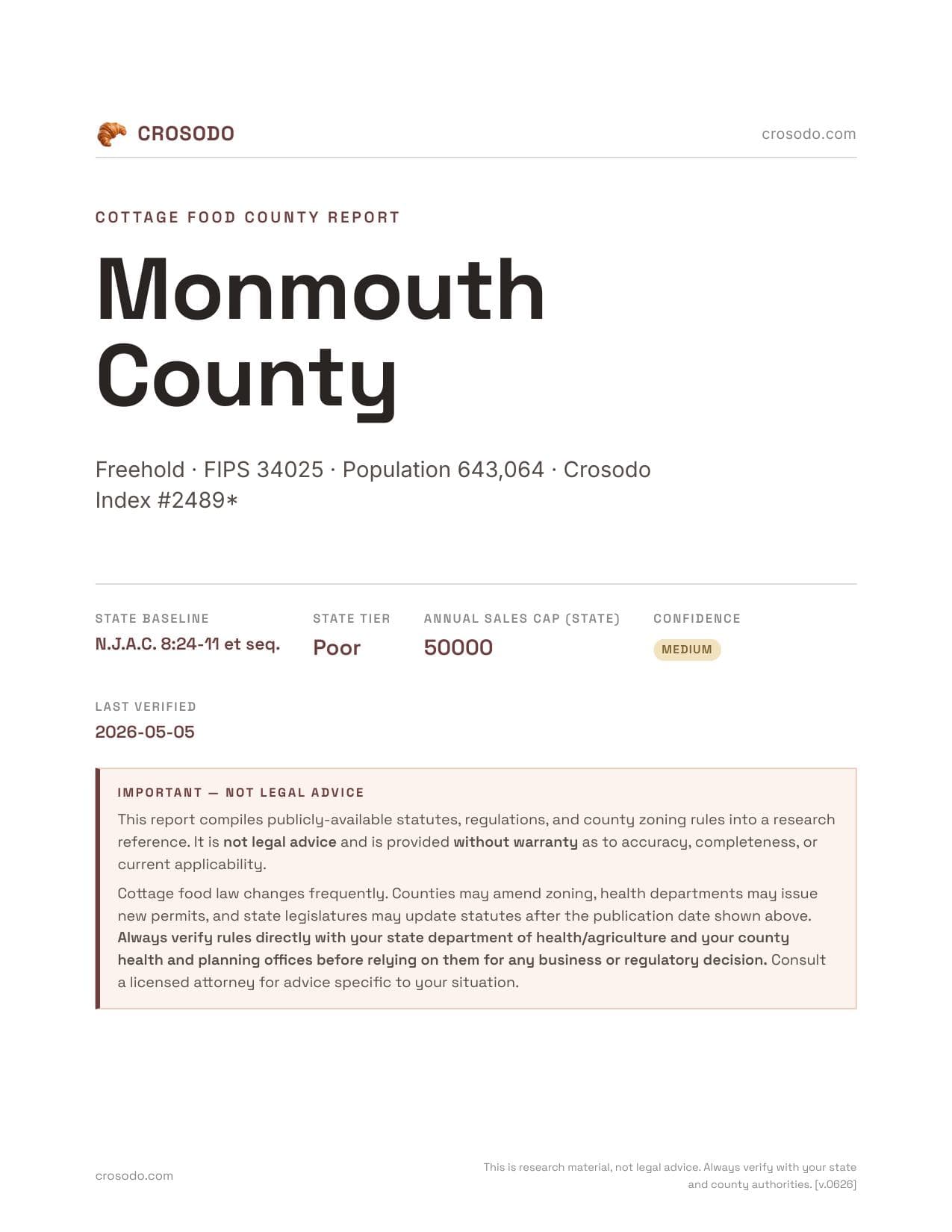 Cover of Monmouth County county cottage food report