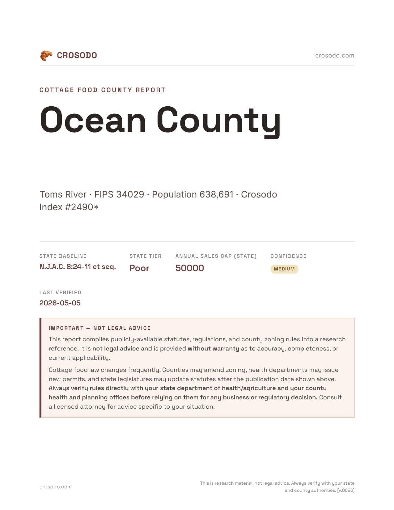 Cover of Ocean County county cottage food report