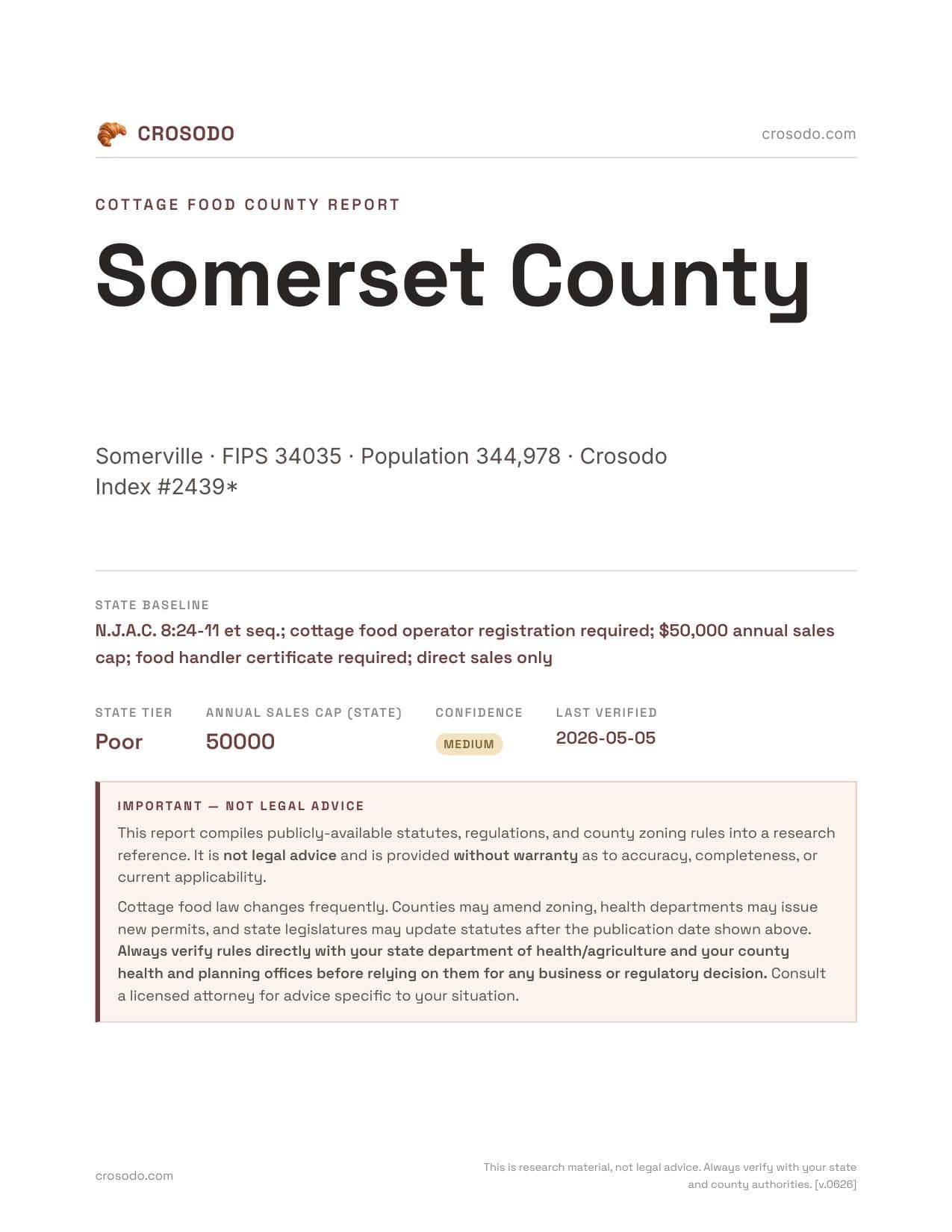 Cover of Somerset County county cottage food report