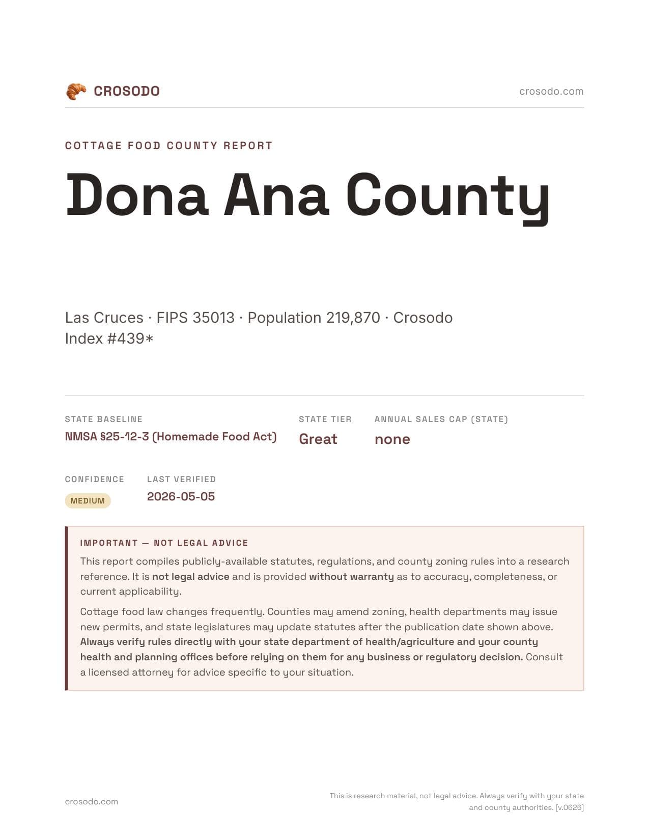 Cover of Dona Ana County county cottage food report