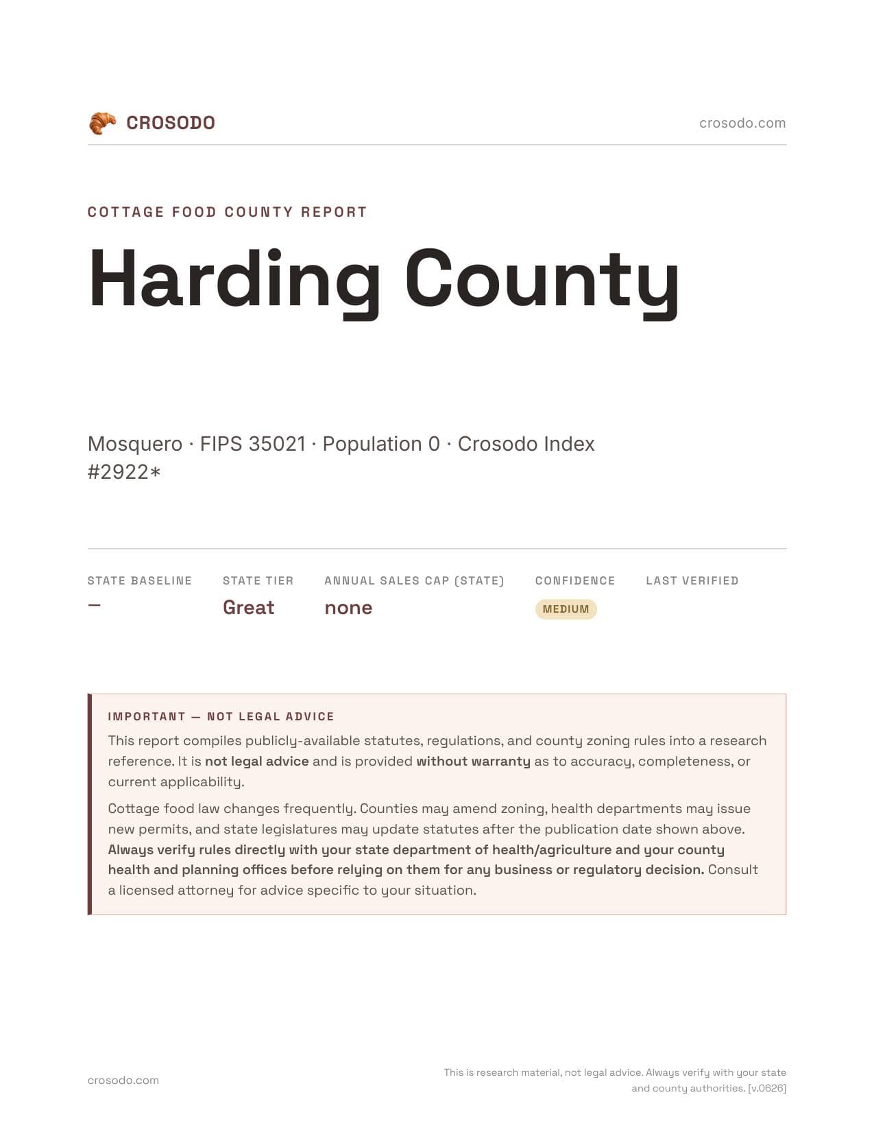 Cover of Harding County county cottage food report