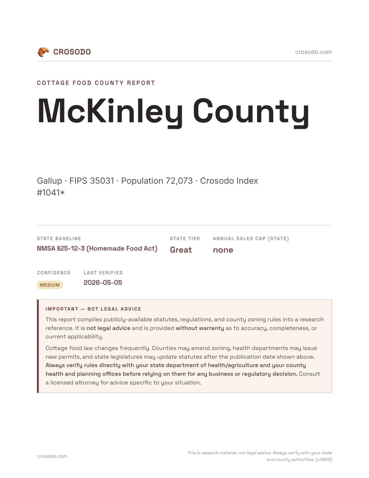 Cover of McKinley County county cottage food report