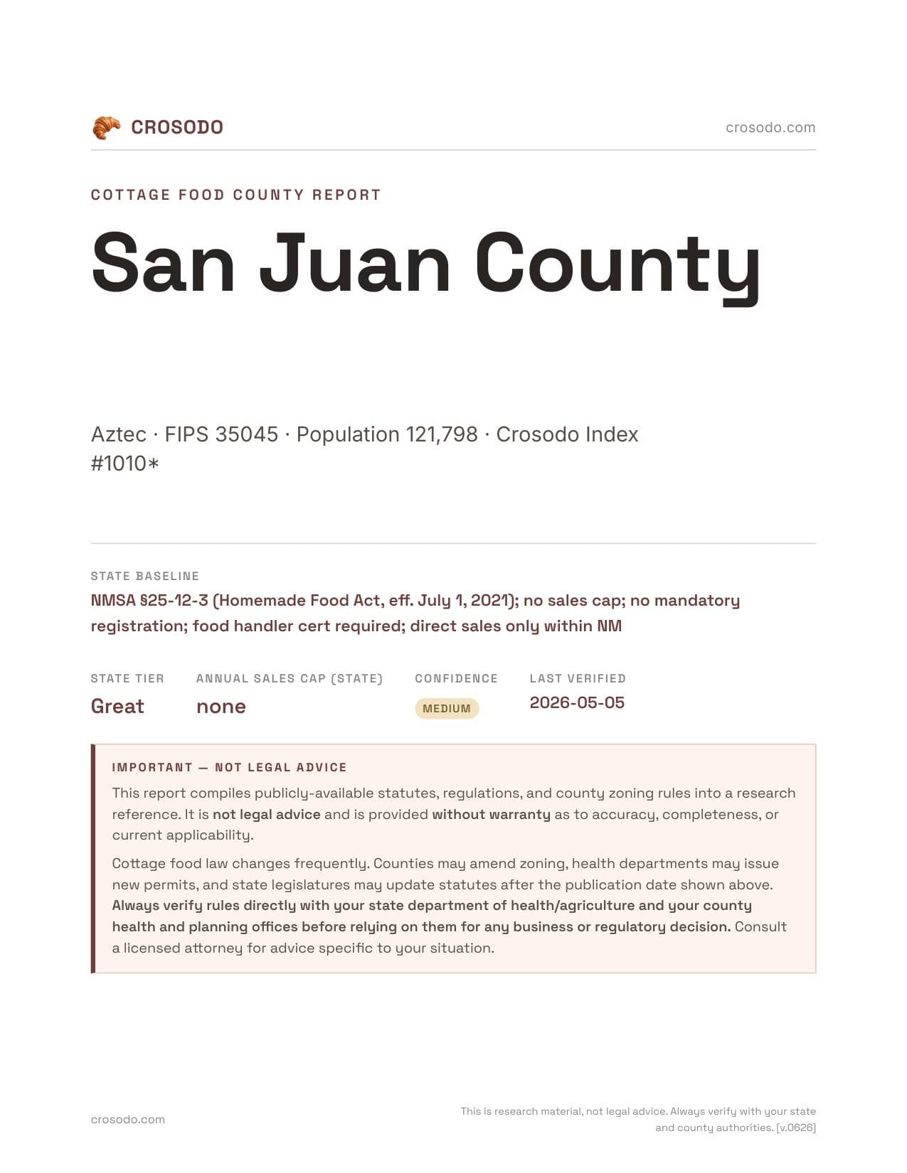Cover of San Juan County county cottage food report