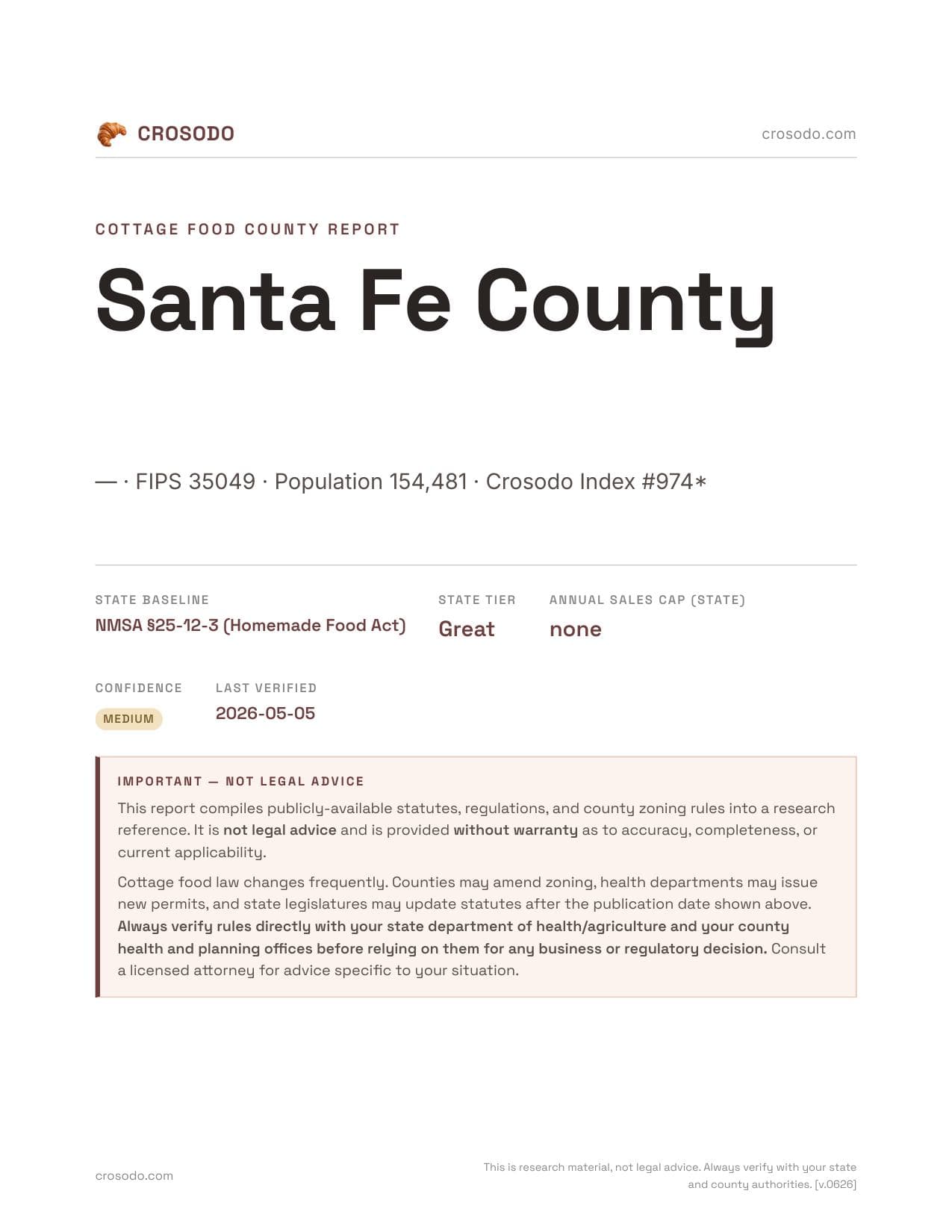 Cover of Santa Fe County county cottage food report