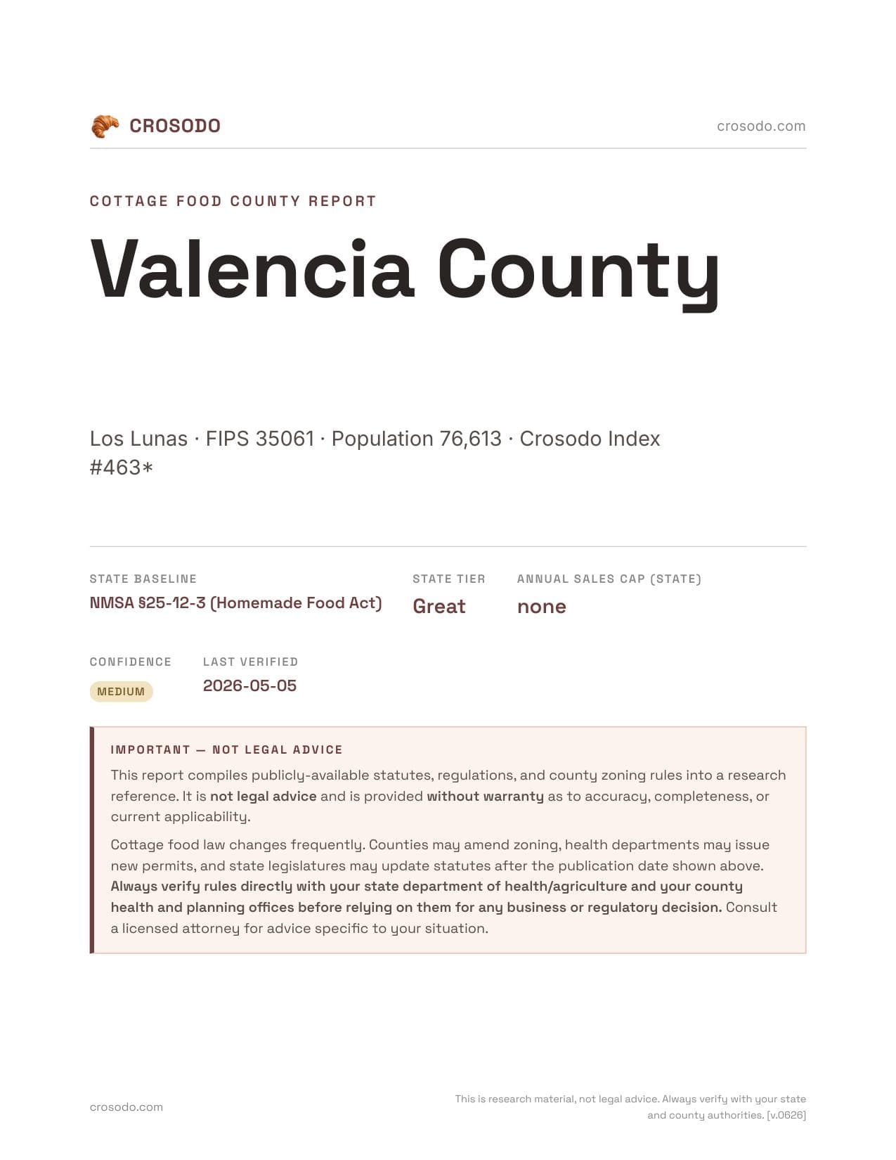 Cover of Valencia County county cottage food report