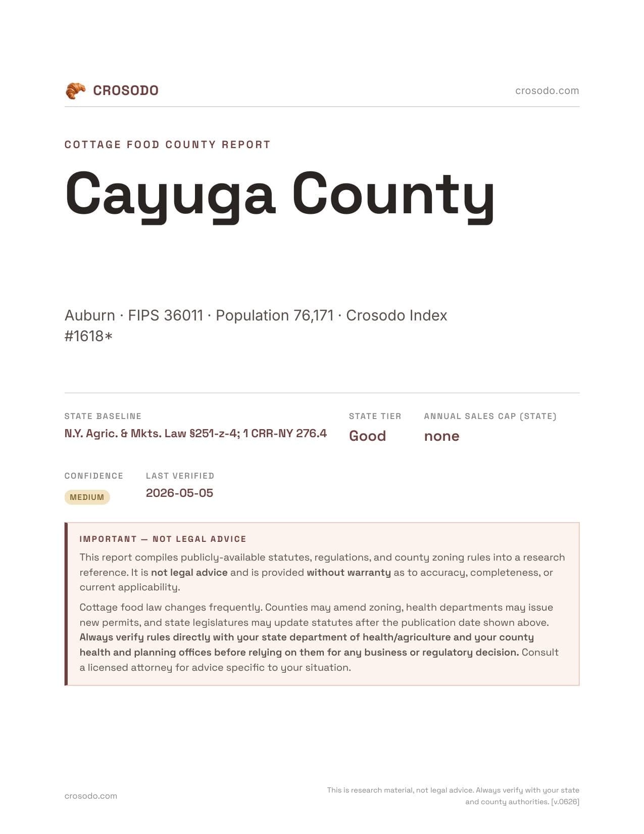 Cover of Cayuga County county cottage food report