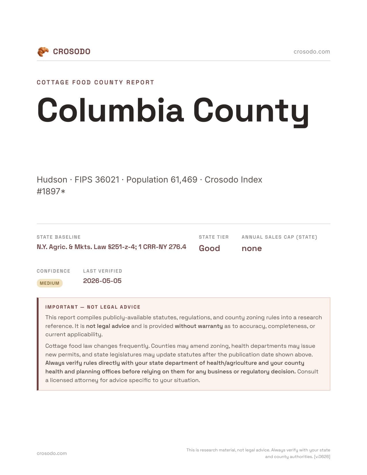 Cover of Columbia County county cottage food report