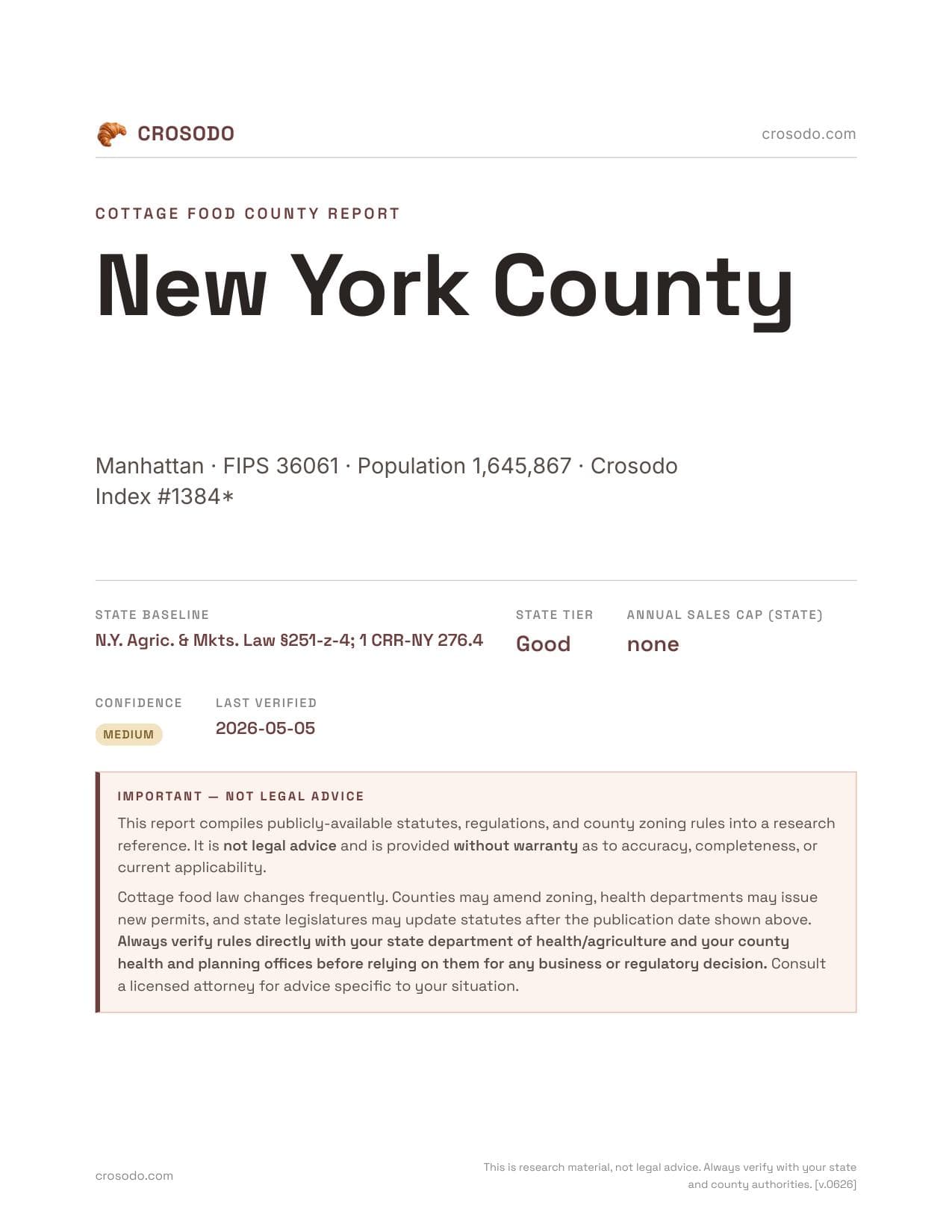 Cover of New York County county cottage food report