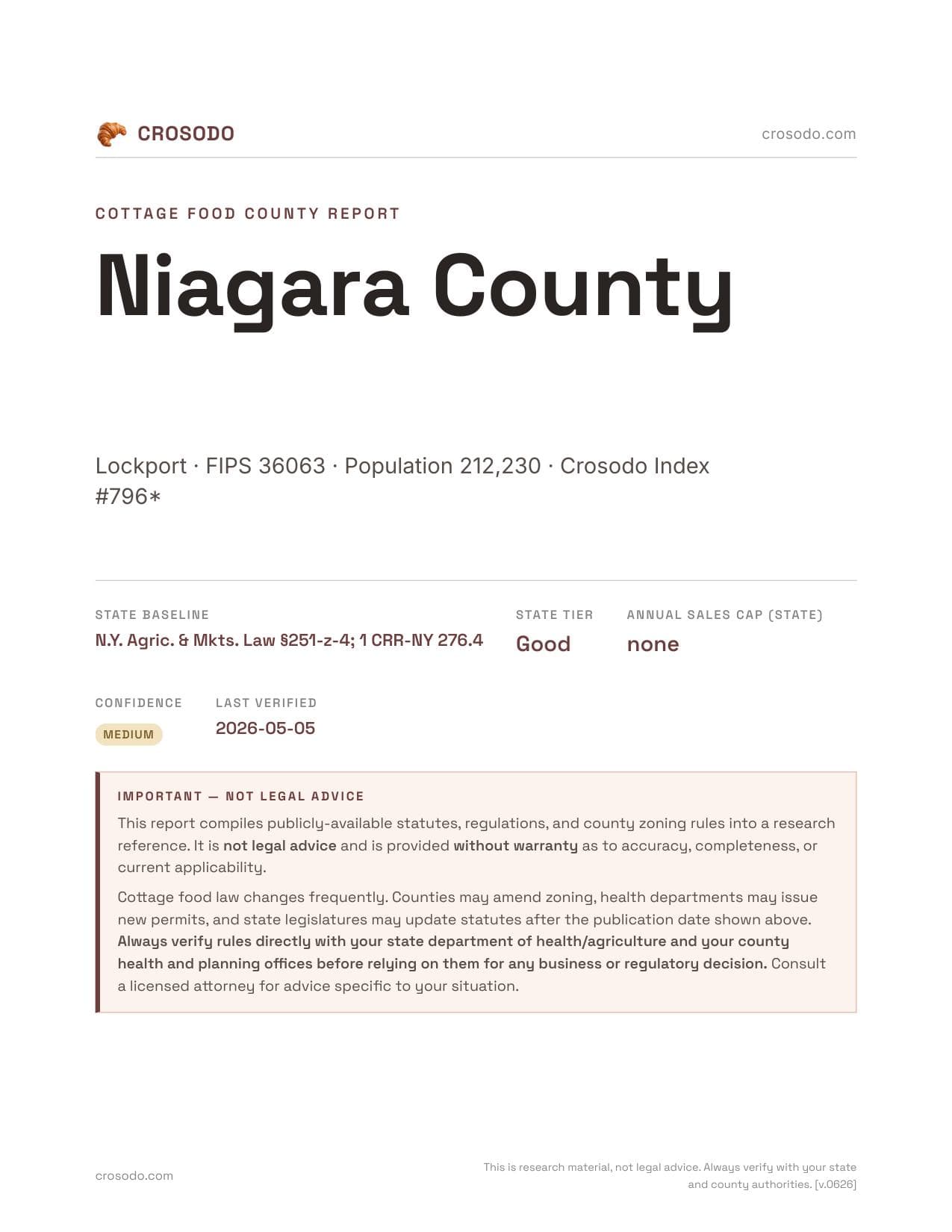 Cover of Niagara County county cottage food report