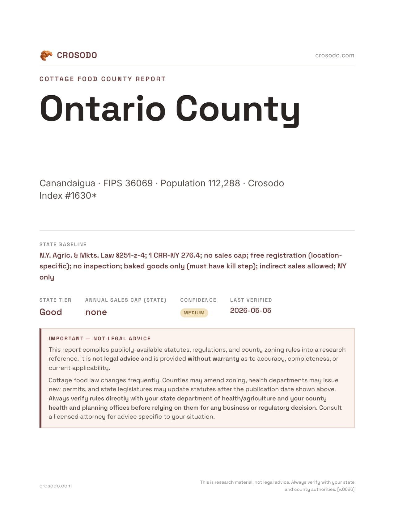 Cover of Ontario County county cottage food report