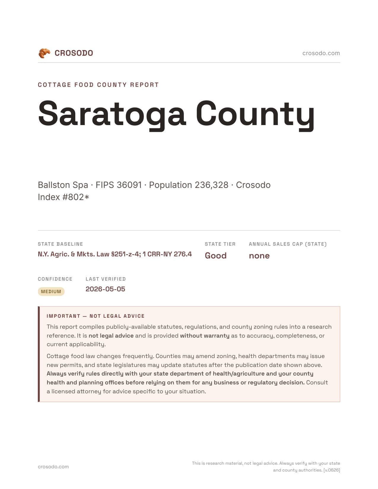 Cover of Saratoga County county cottage food report