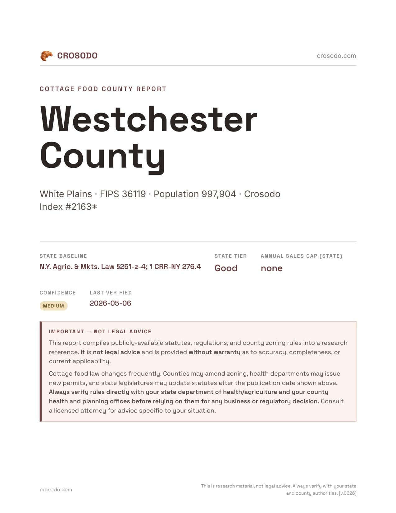 Cover of Westchester County county cottage food report