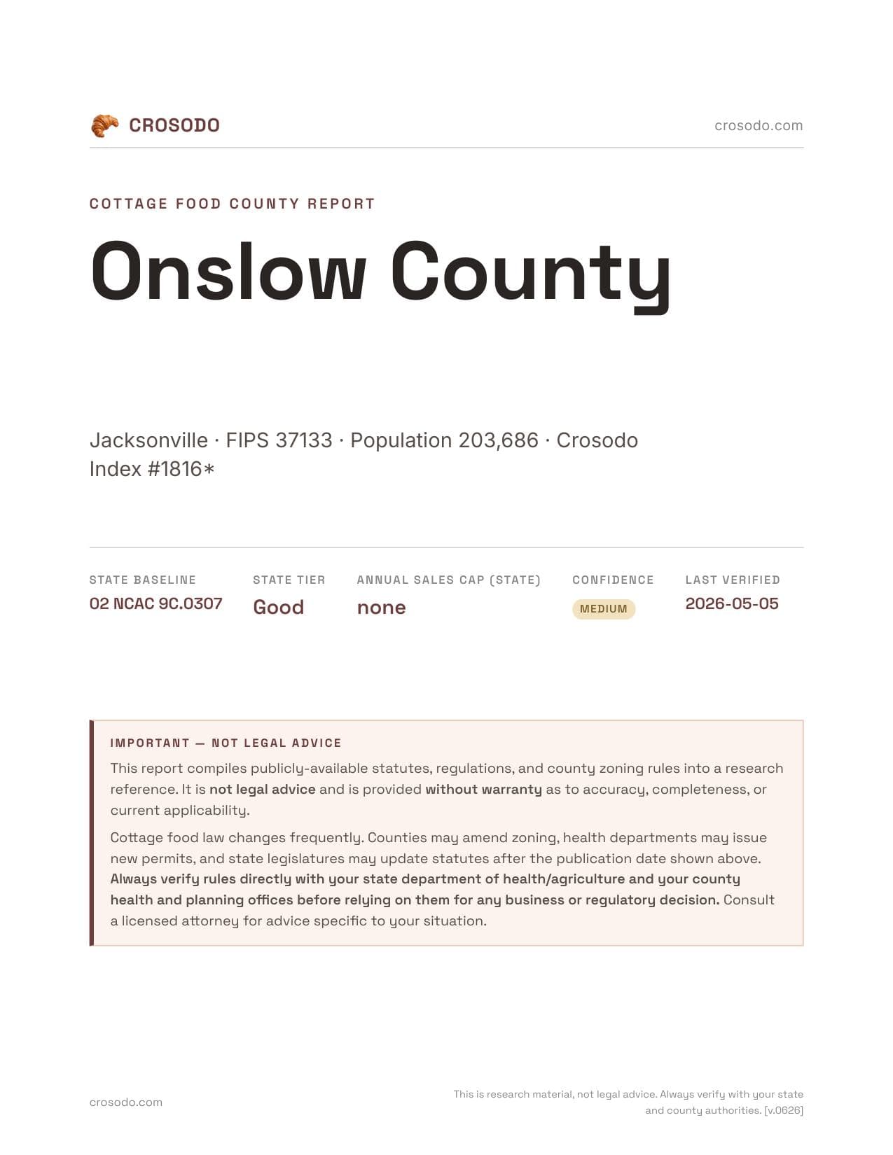 Cover of Onslow County county cottage food report