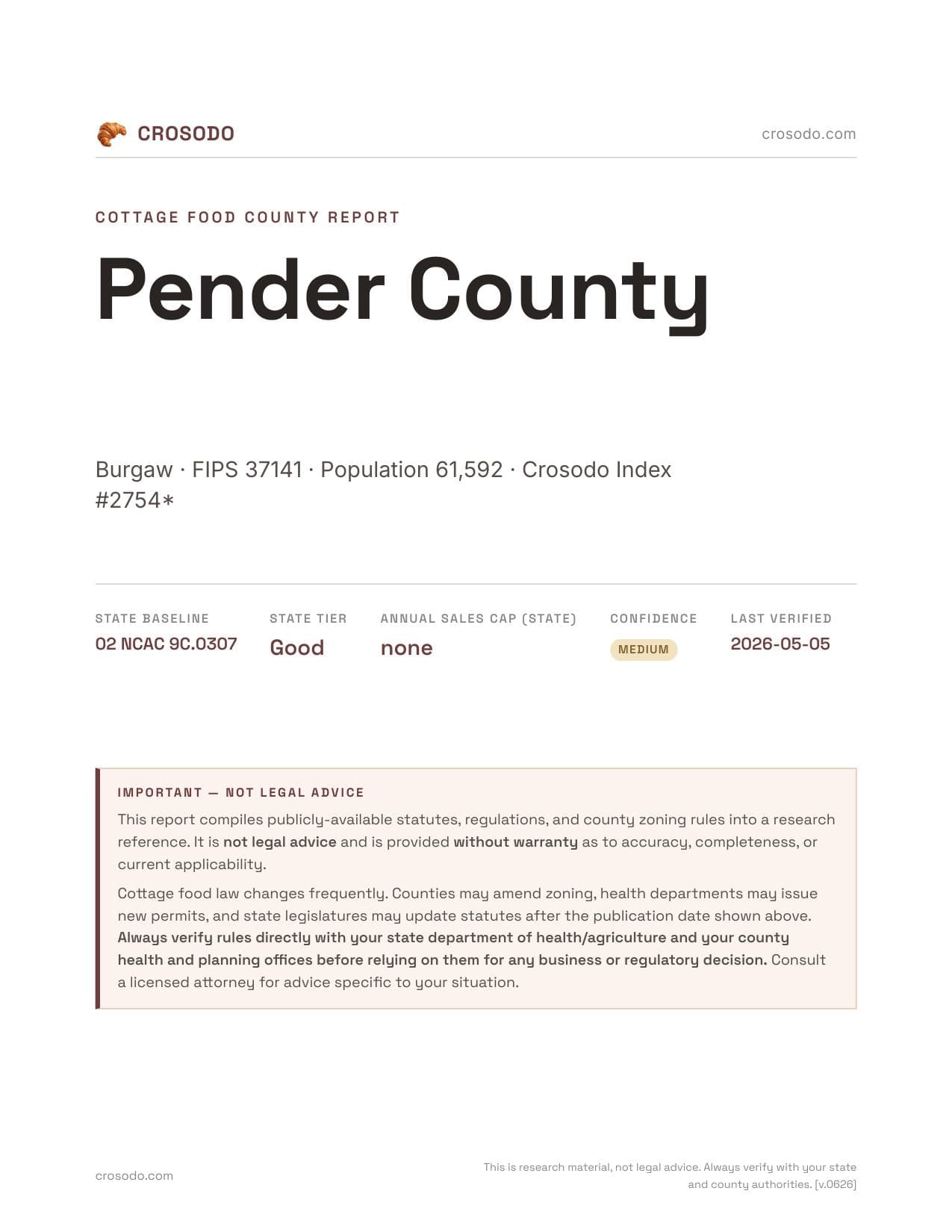 Cover of Pender County county cottage food report