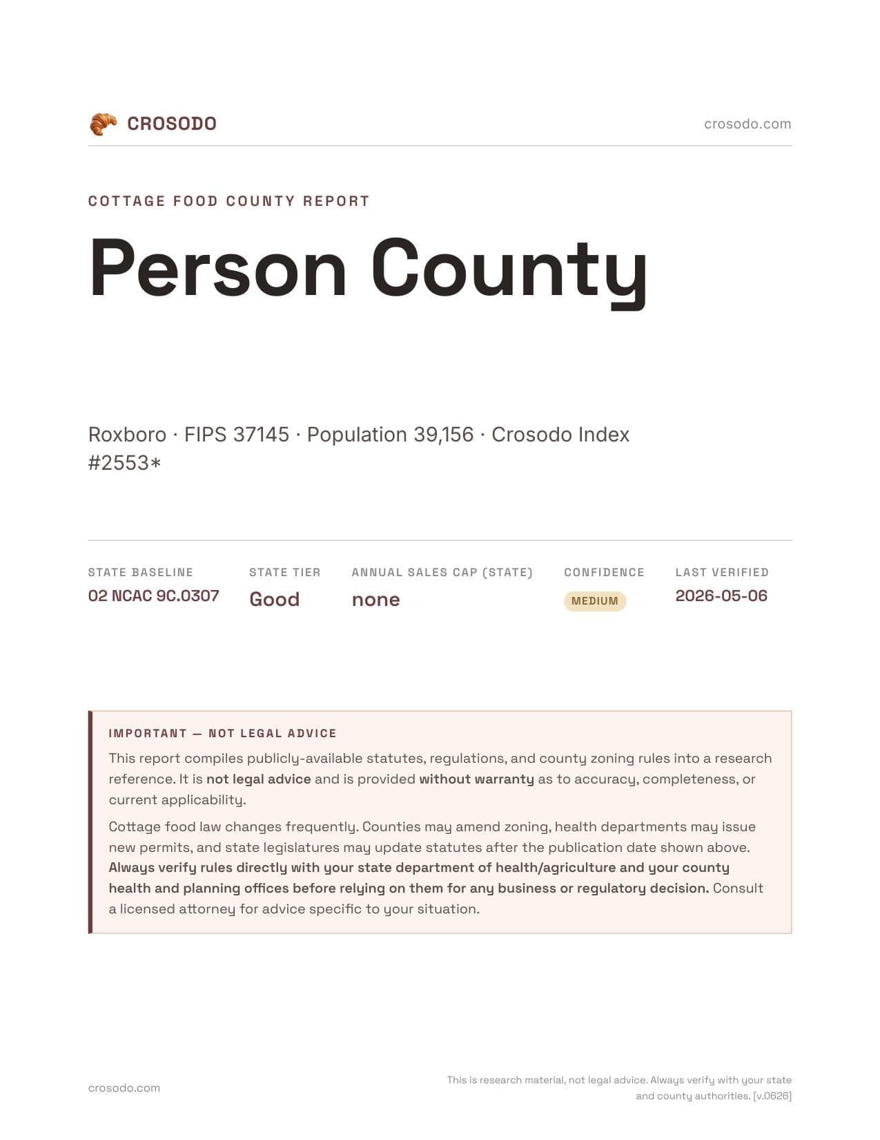 Cover of Person County county cottage food report