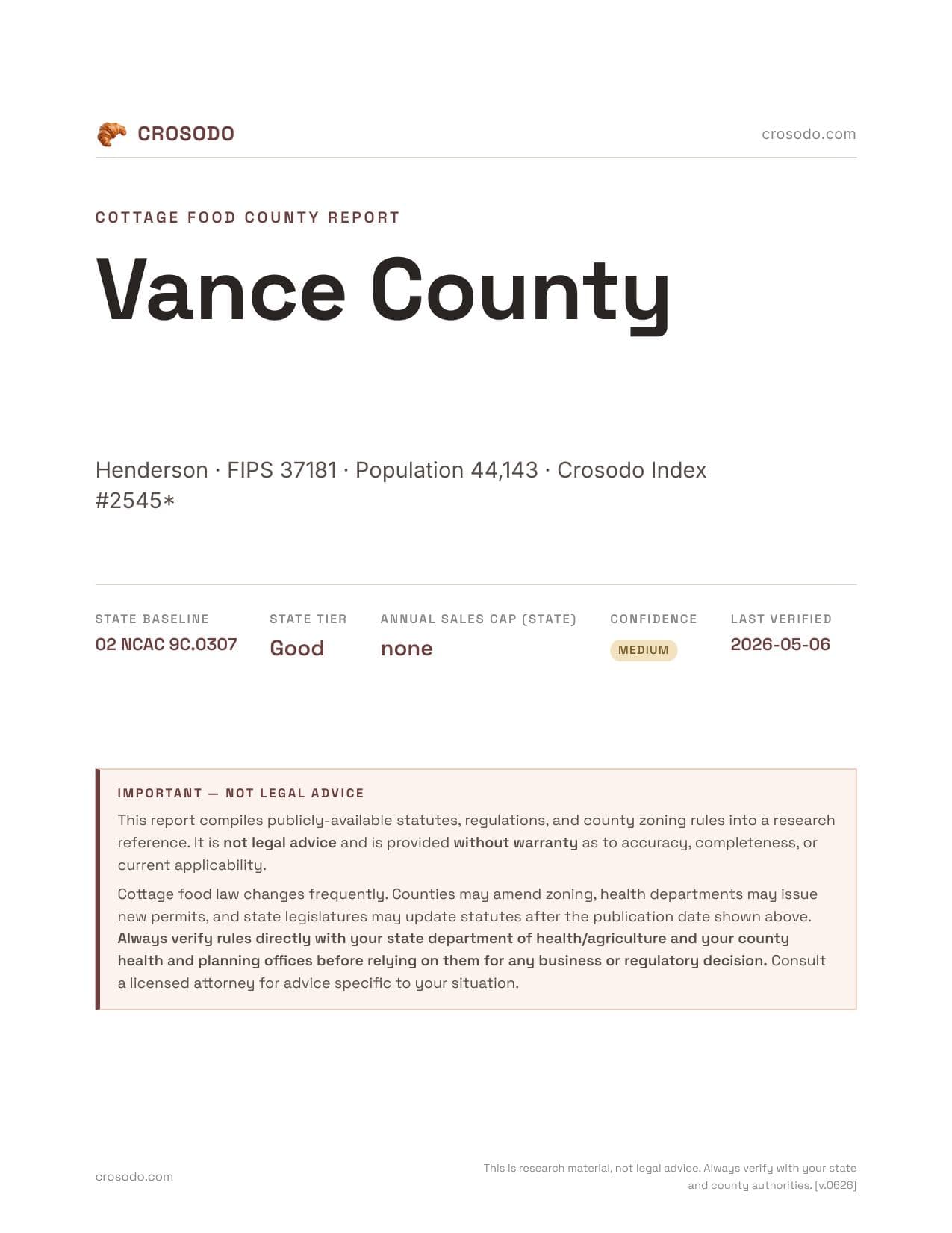 Cover of Vance County county cottage food report
