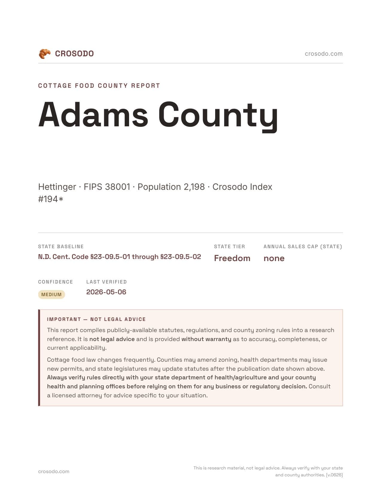Cover of Adams County county cottage food report