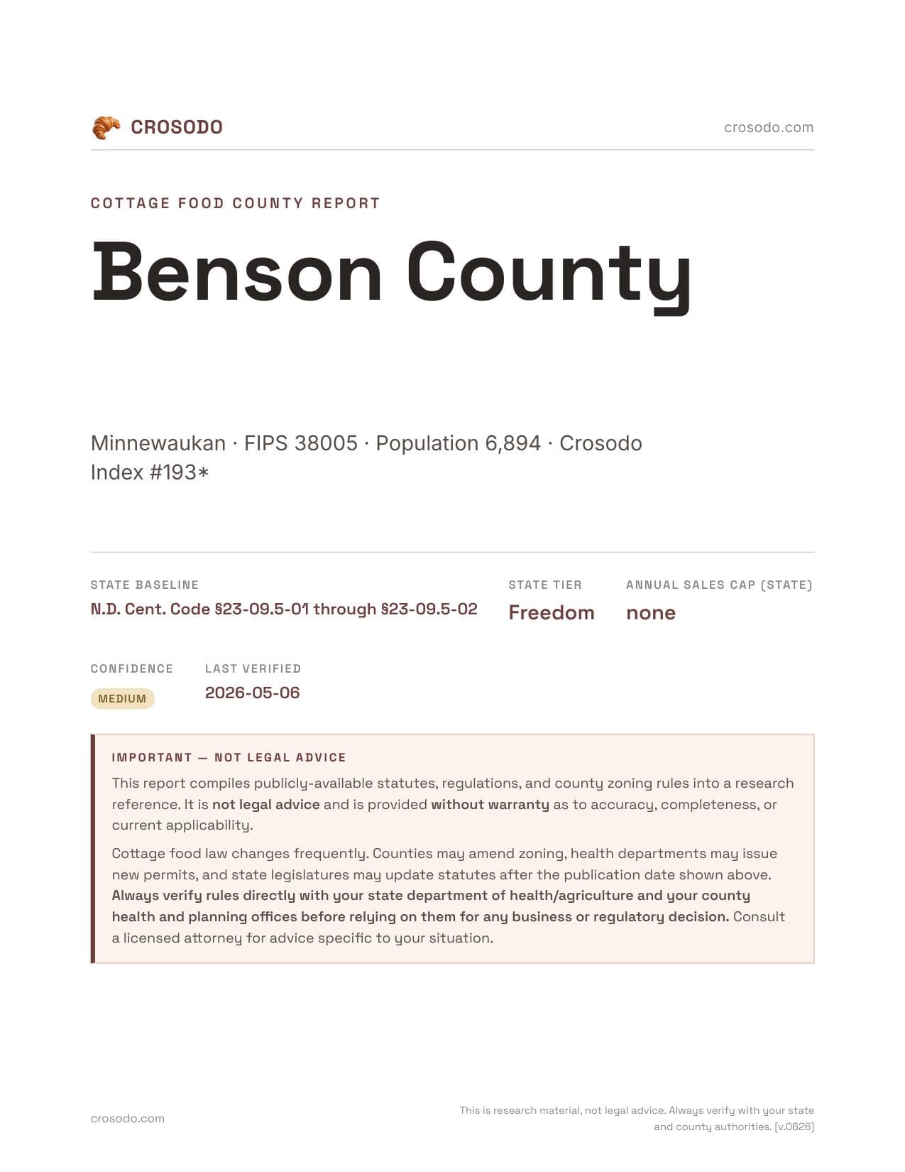 Cover of Benson County county cottage food report