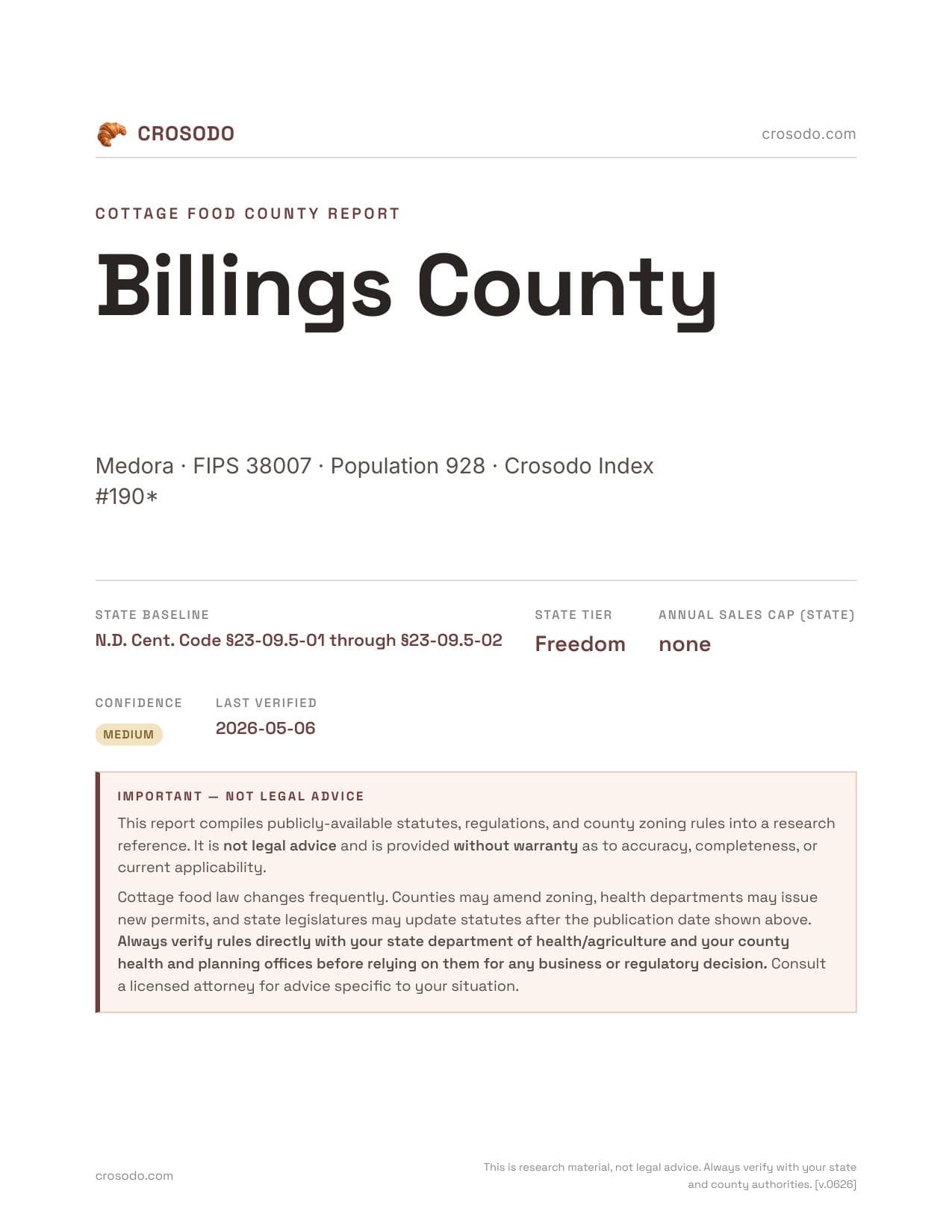 Cover of Billings County county cottage food report