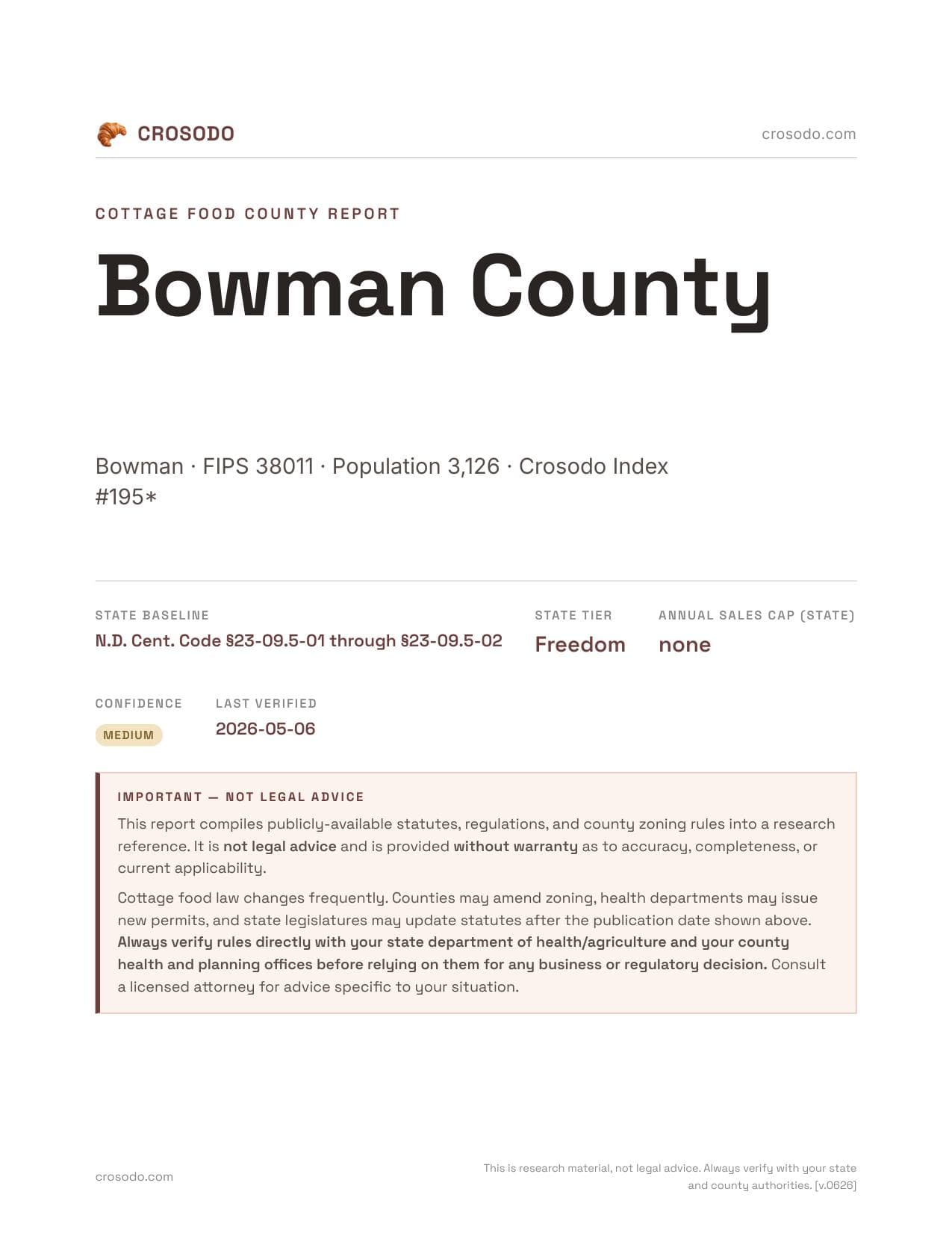 Cover of Bowman County county cottage food report