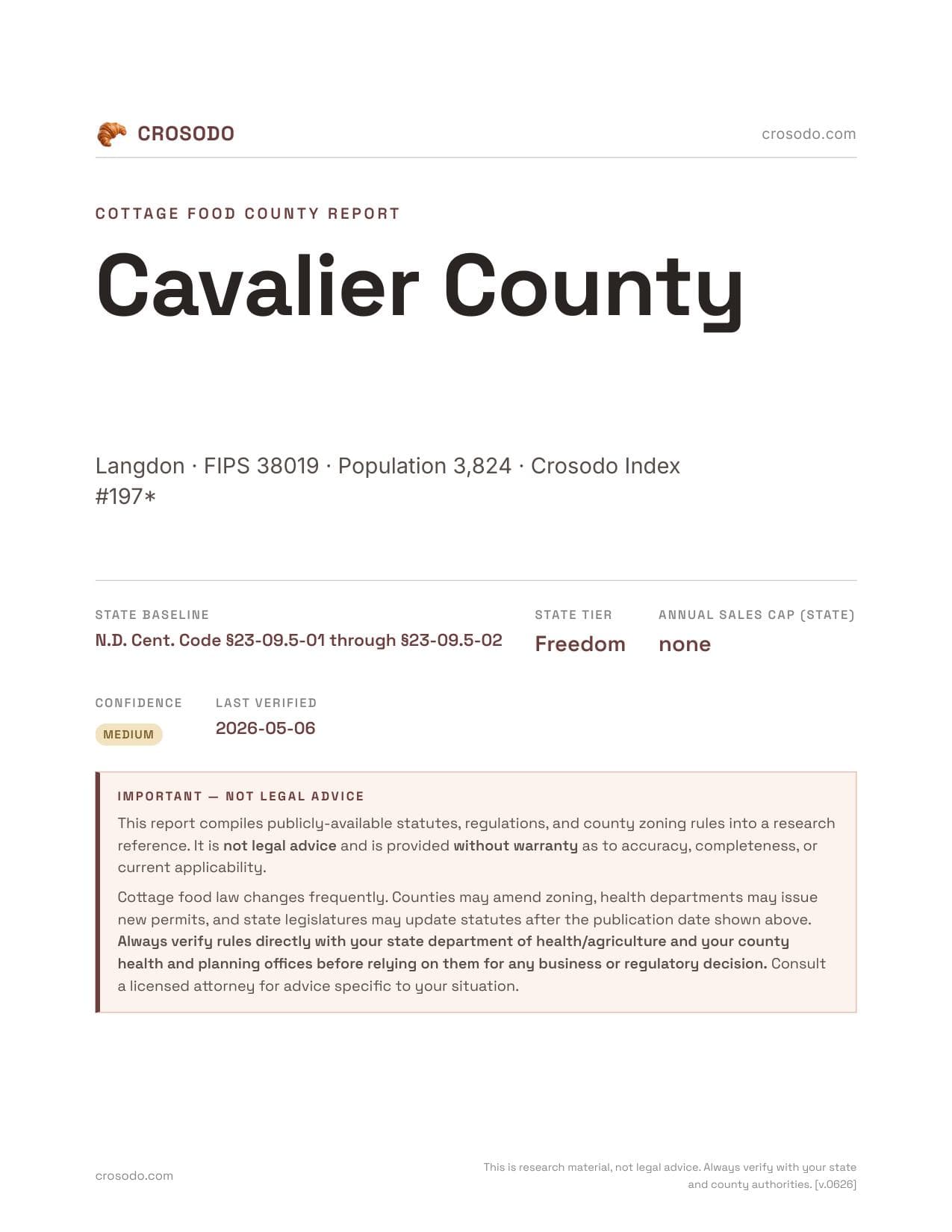 Cover of Cavalier County county cottage food report