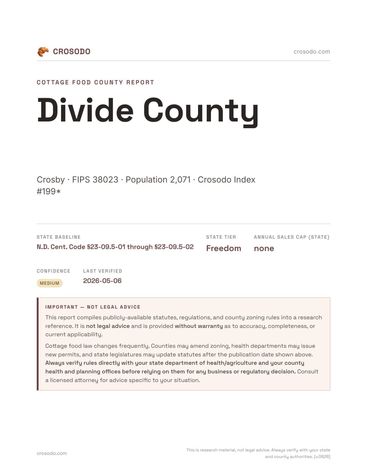 Cover of Divide County county cottage food report