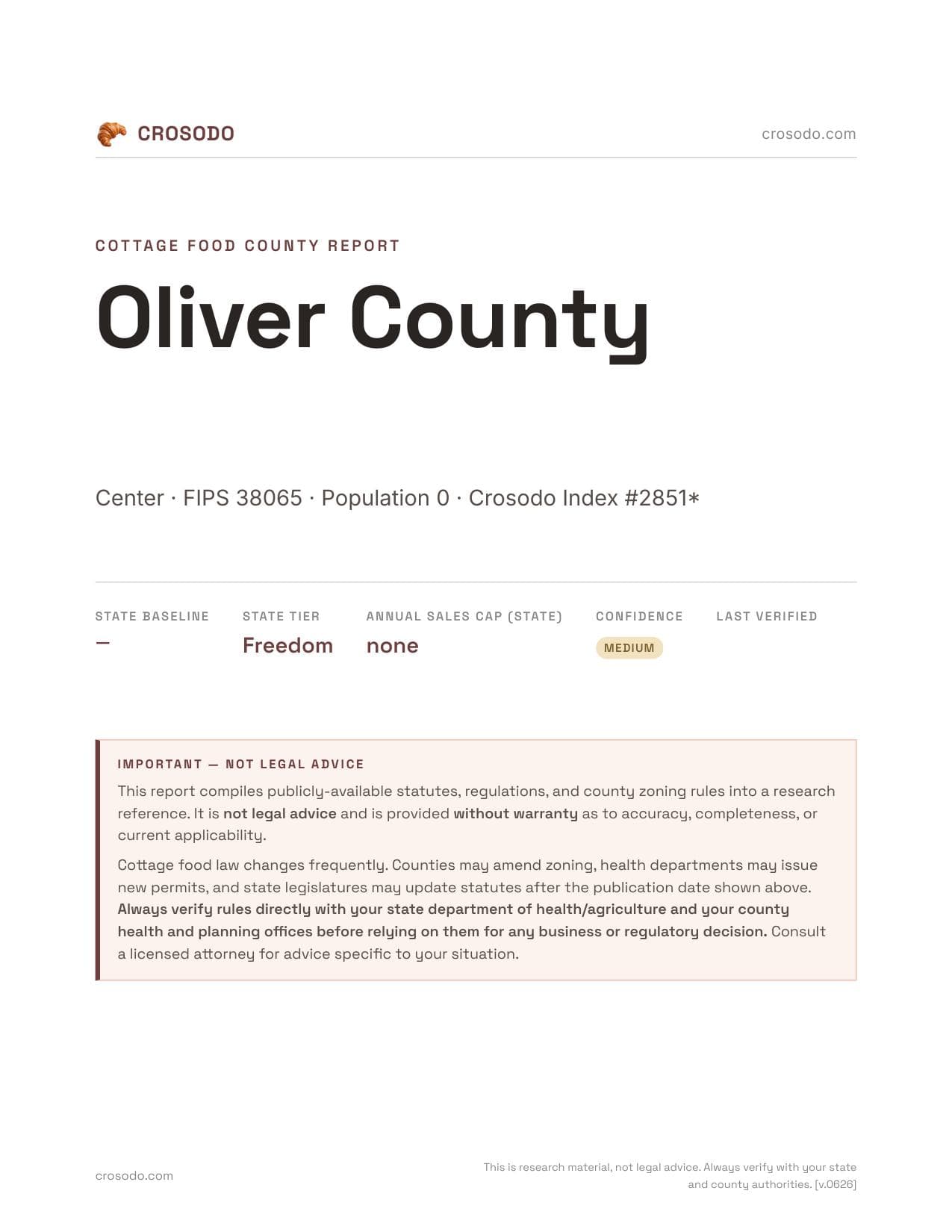Cover of Oliver County county cottage food report