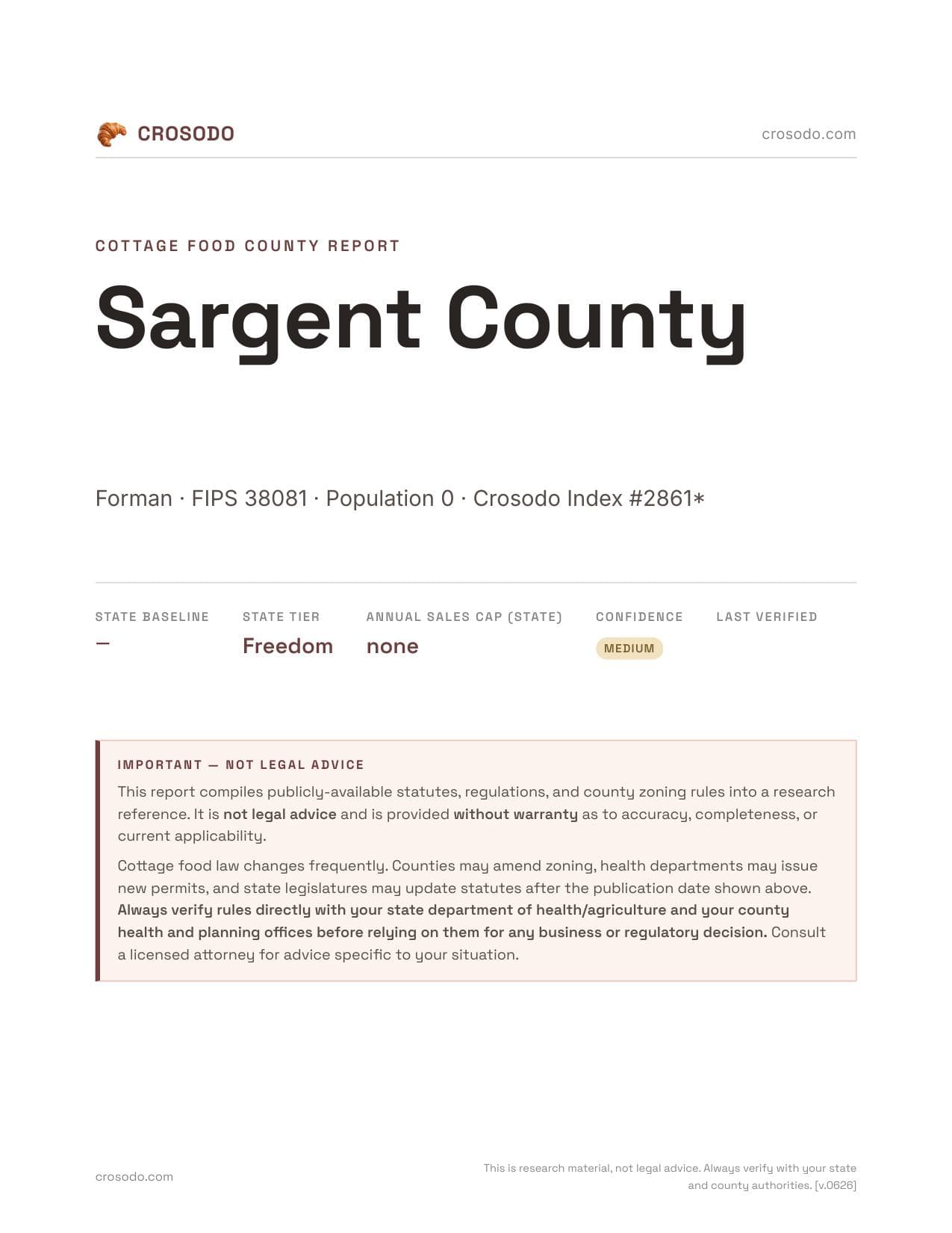 Cover of Sargent County county cottage food report