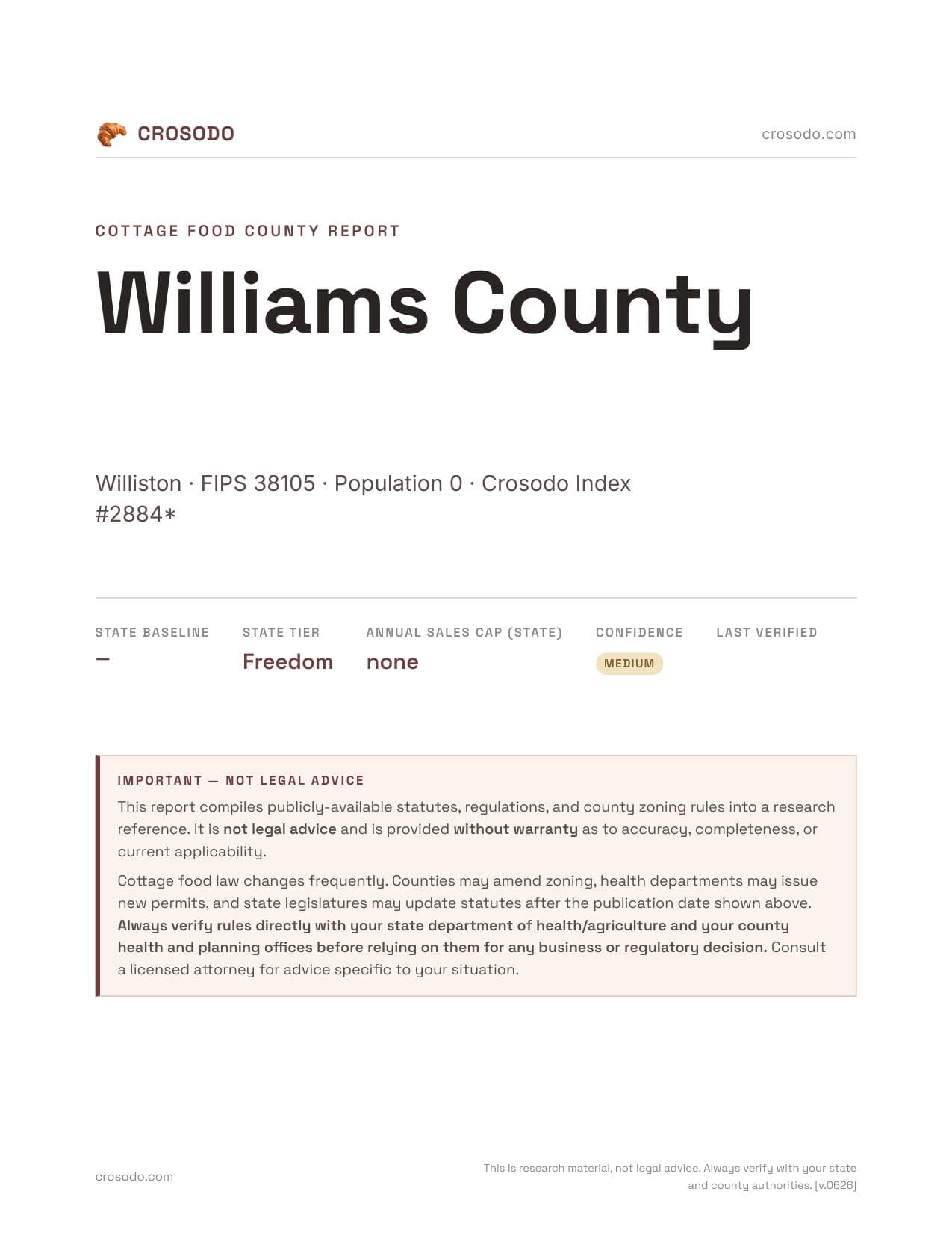 Cover of Williams County county cottage food report