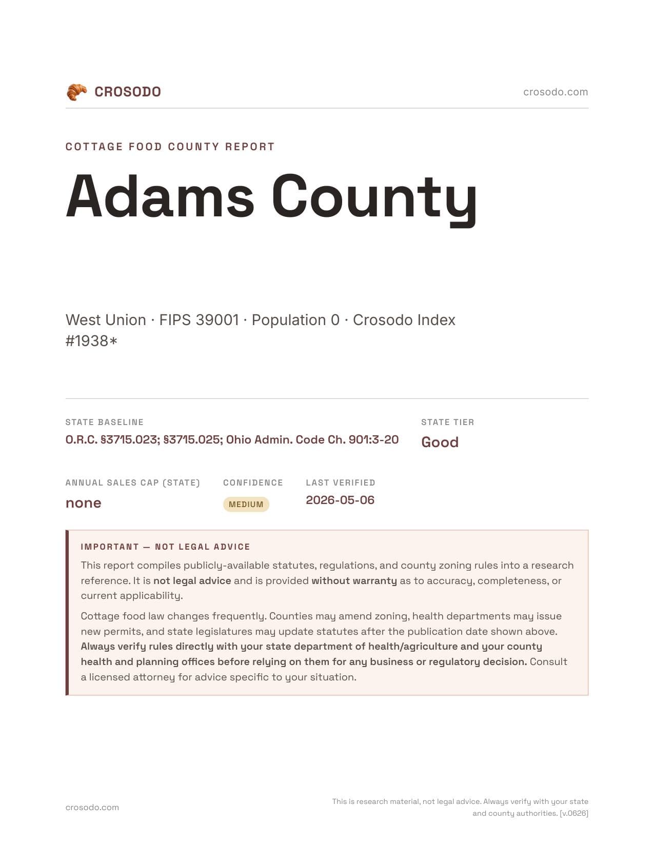 Cover of Adams County county cottage food report