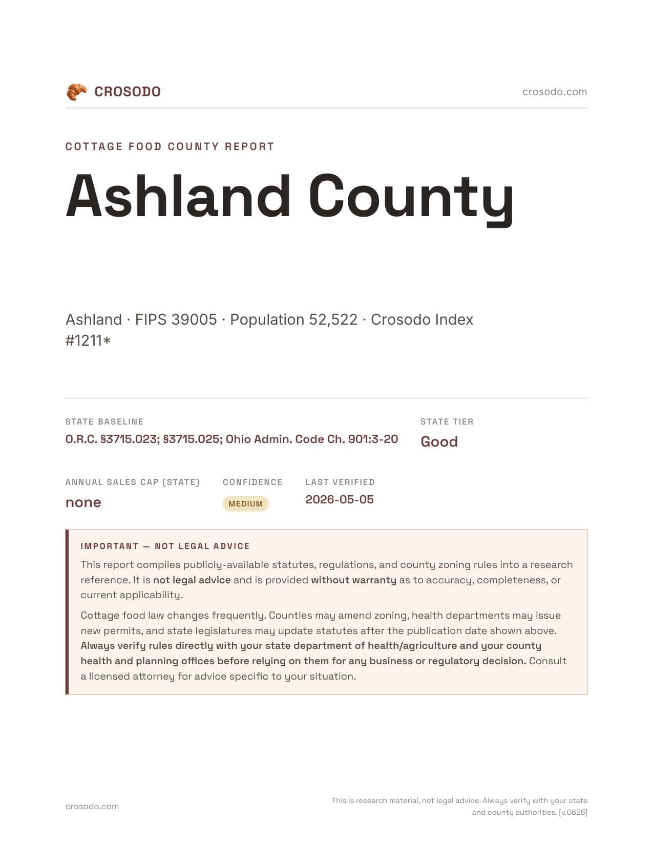 Cover of Ashland County county cottage food report