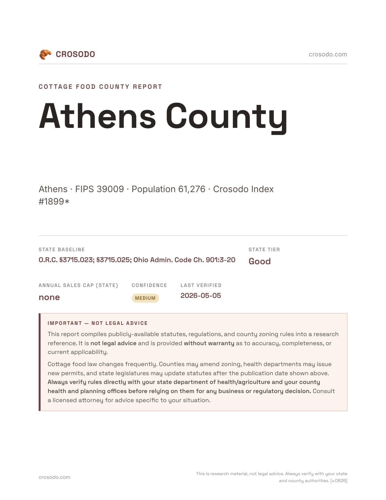 Cover of Athens County county cottage food report